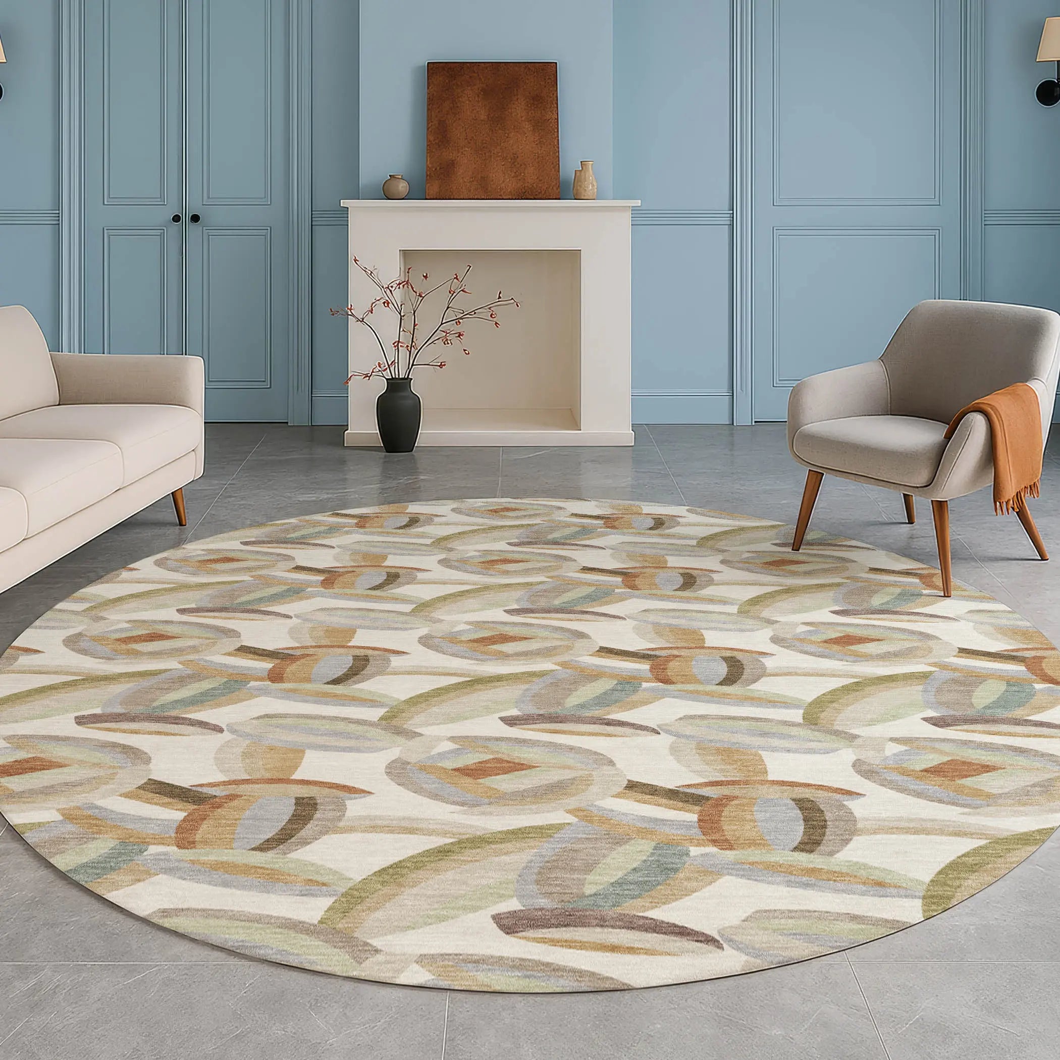 8' Ivory And Green Round Abstract Washable Indoor Outdoor Area Rug Homeroots Outdoor