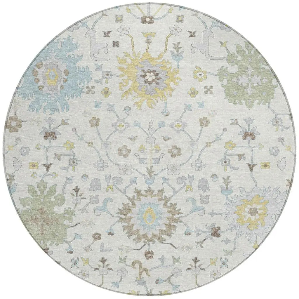 8' Ivory And Green Round Faux Bois Washable Indoor Outdoor Area Rug Homeroots Outdoor