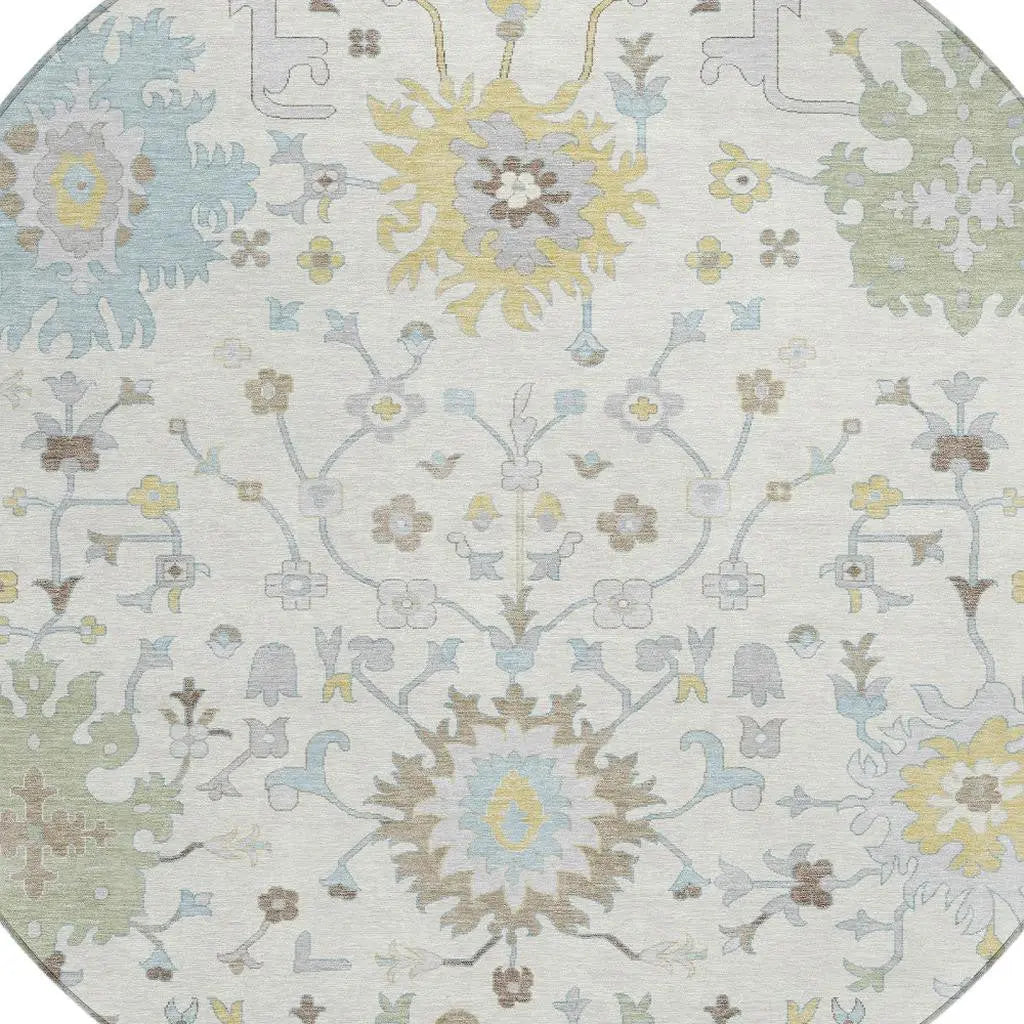 8' Ivory And Green Round Faux Bois Washable Indoor Outdoor Area Rug Homeroots Outdoor