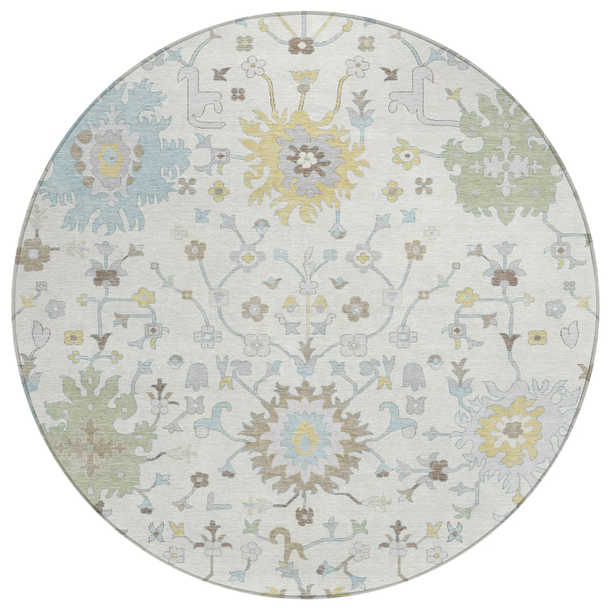 8' Ivory And Green Round Faux Bois Washable Indoor Outdoor Area Rug Homeroots Outdoor