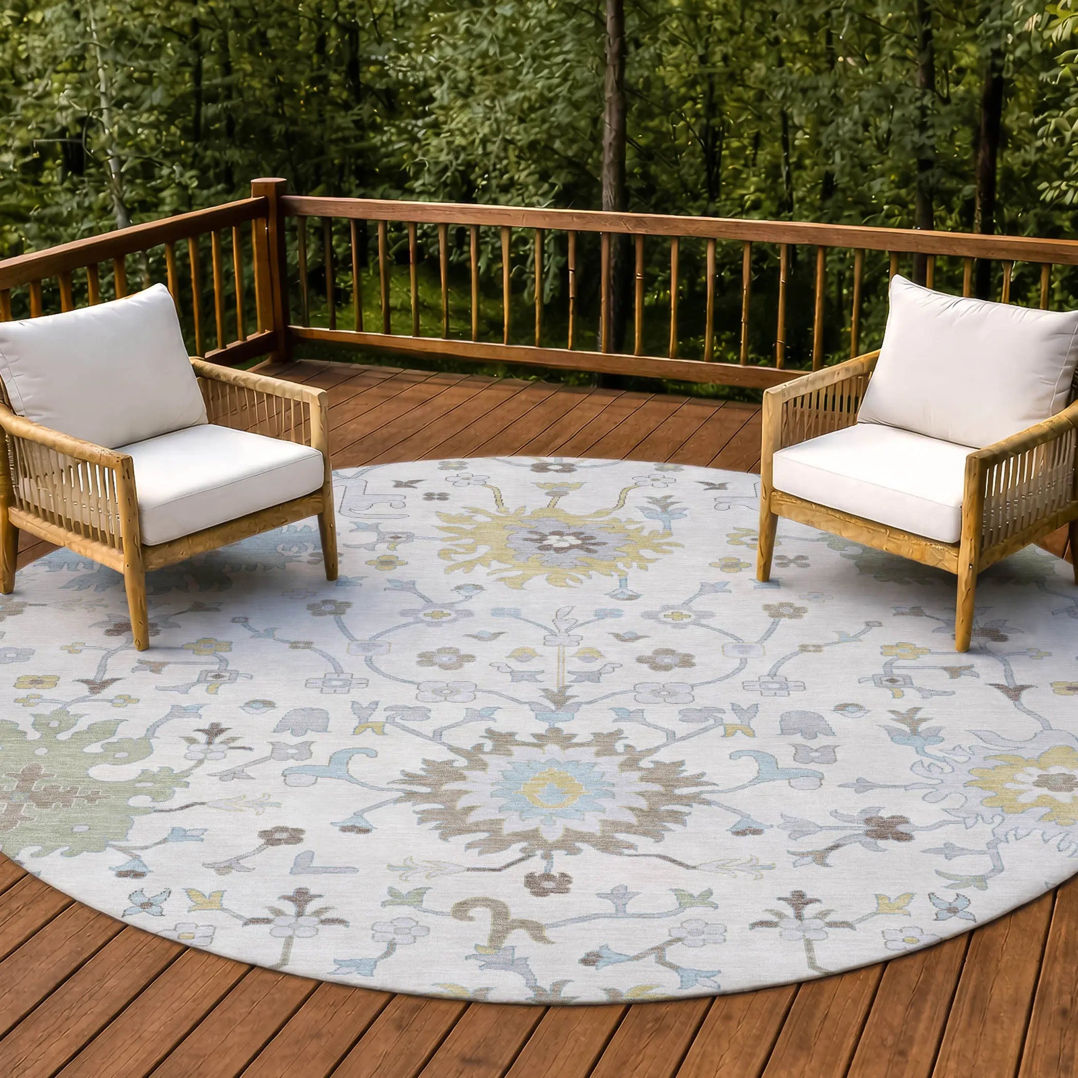 8' Ivory And Green Round Faux Bois Washable Indoor Outdoor Area Rug Homeroots Outdoor