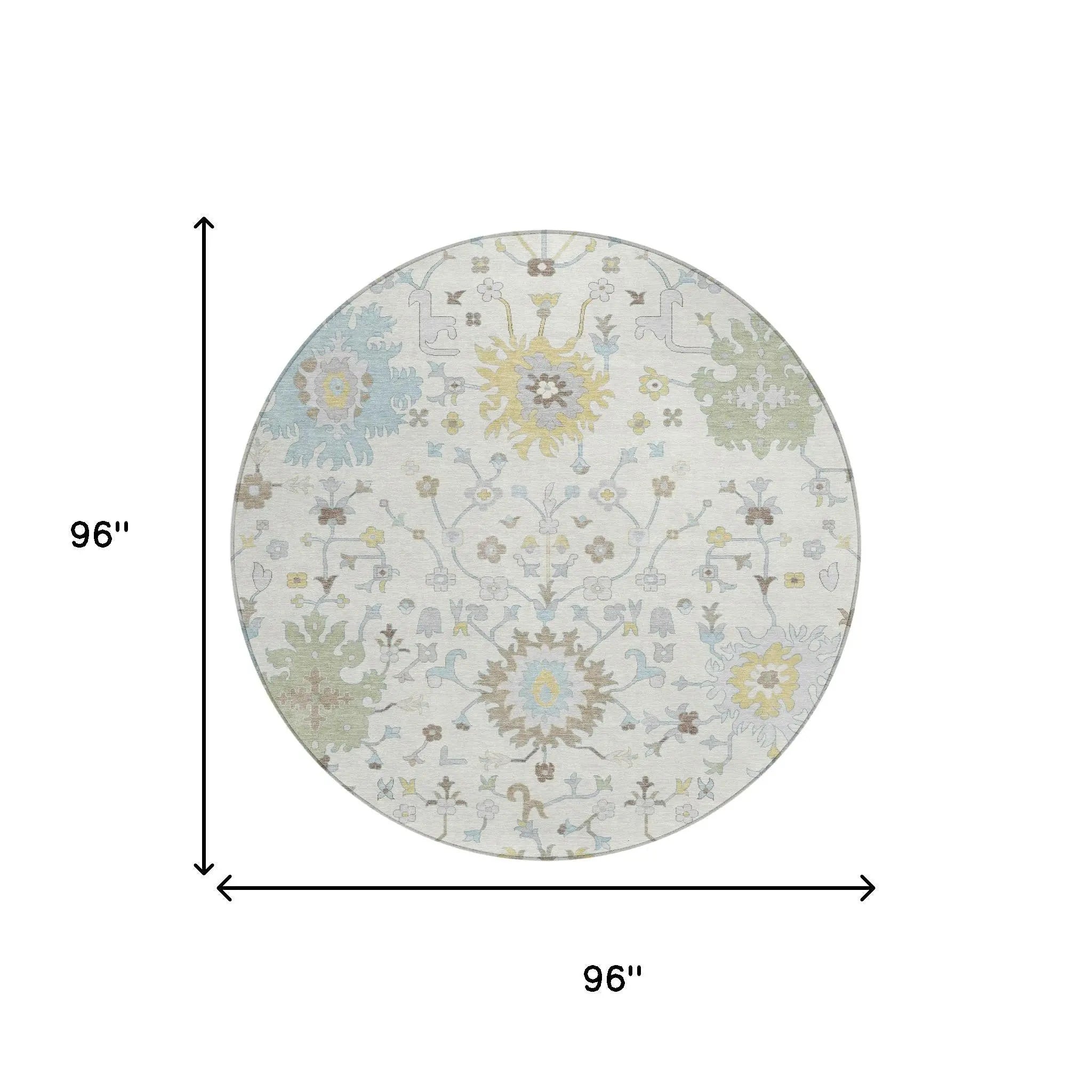 8' Ivory And Green Round Faux Bois Washable Indoor Outdoor Area Rug Homeroots Outdoor