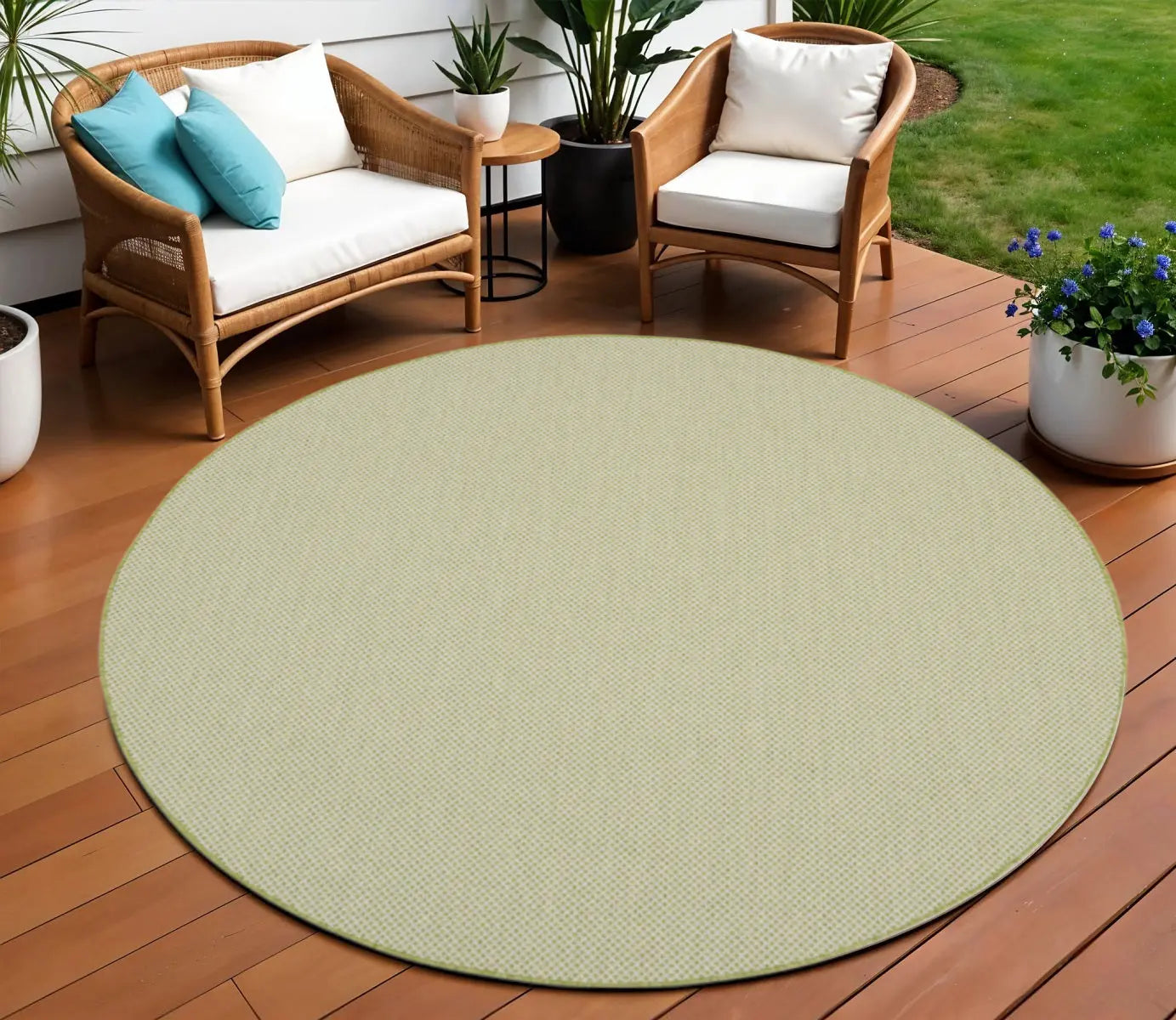 8' Ivory And Green Round Geometric Indoor Outdoor Area Rug Homeroots Outdoor