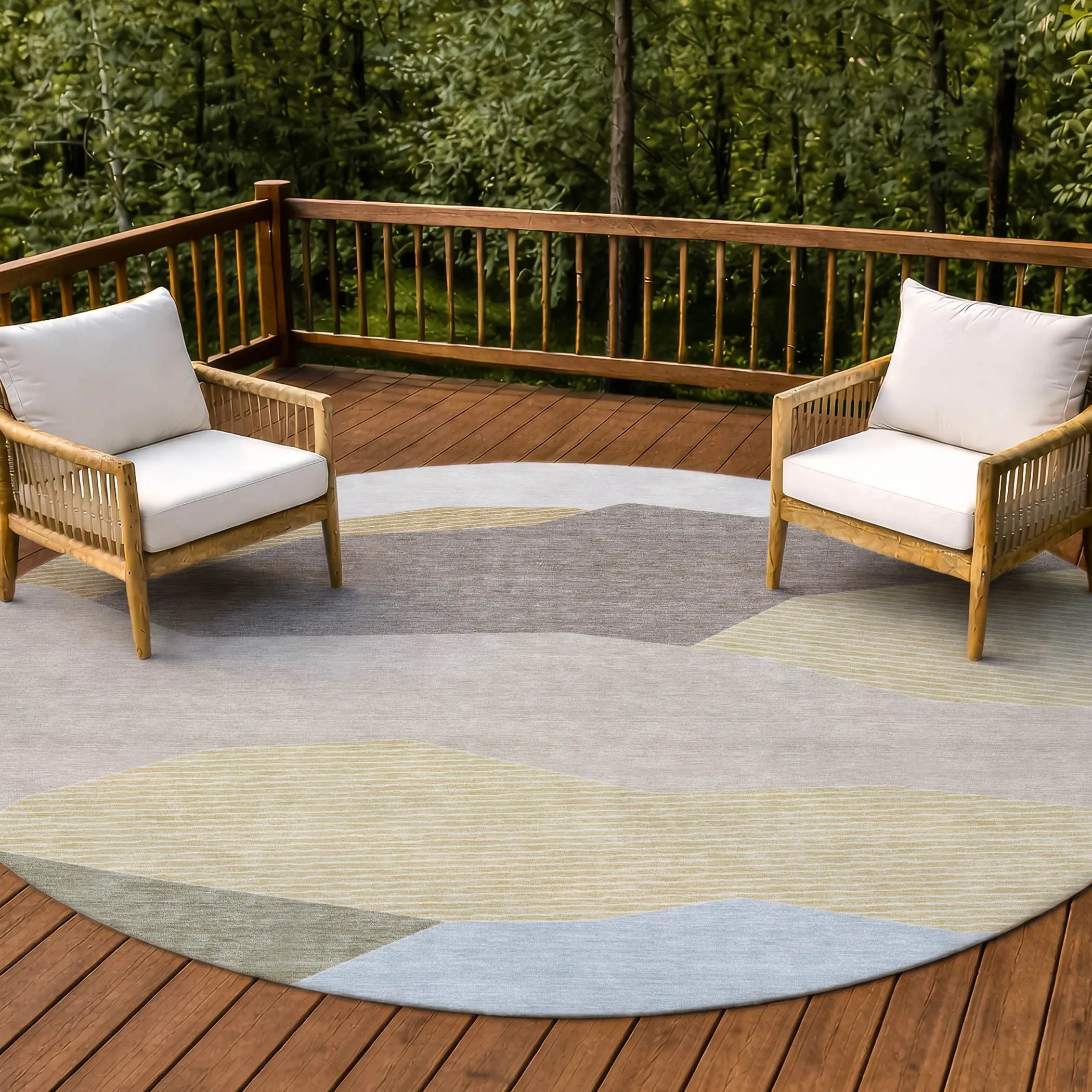 8' Ivory And Green Round Geometric Washable Indoor Outdoor Area Rug Homeroots Outdoor