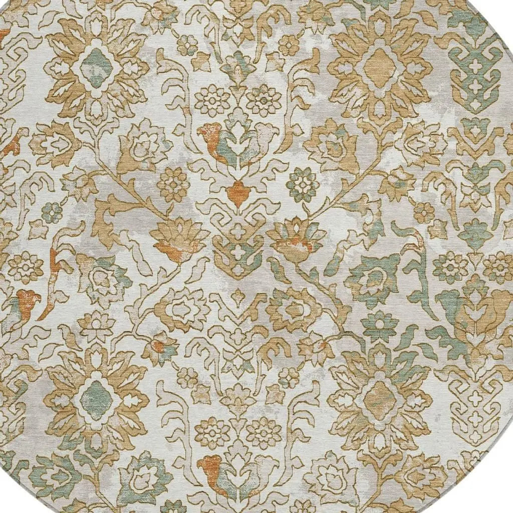 8' Ivory And Green Round Geometric Washable Indoor Outdoor Area Rug Homeroots Outdoor