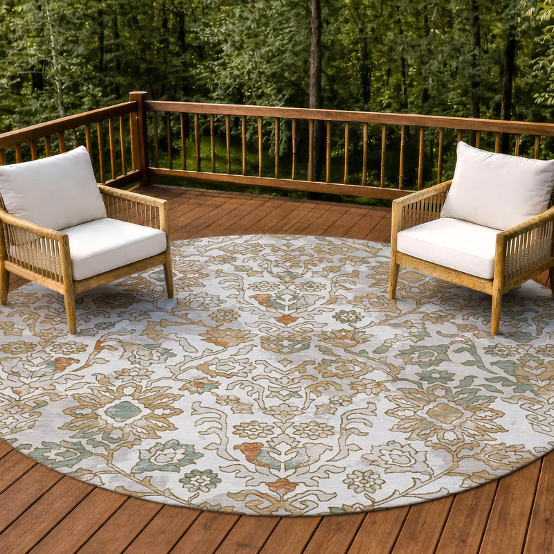 8' Ivory And Green Round Geometric Washable Indoor Outdoor Area Rug Homeroots Outdoor
