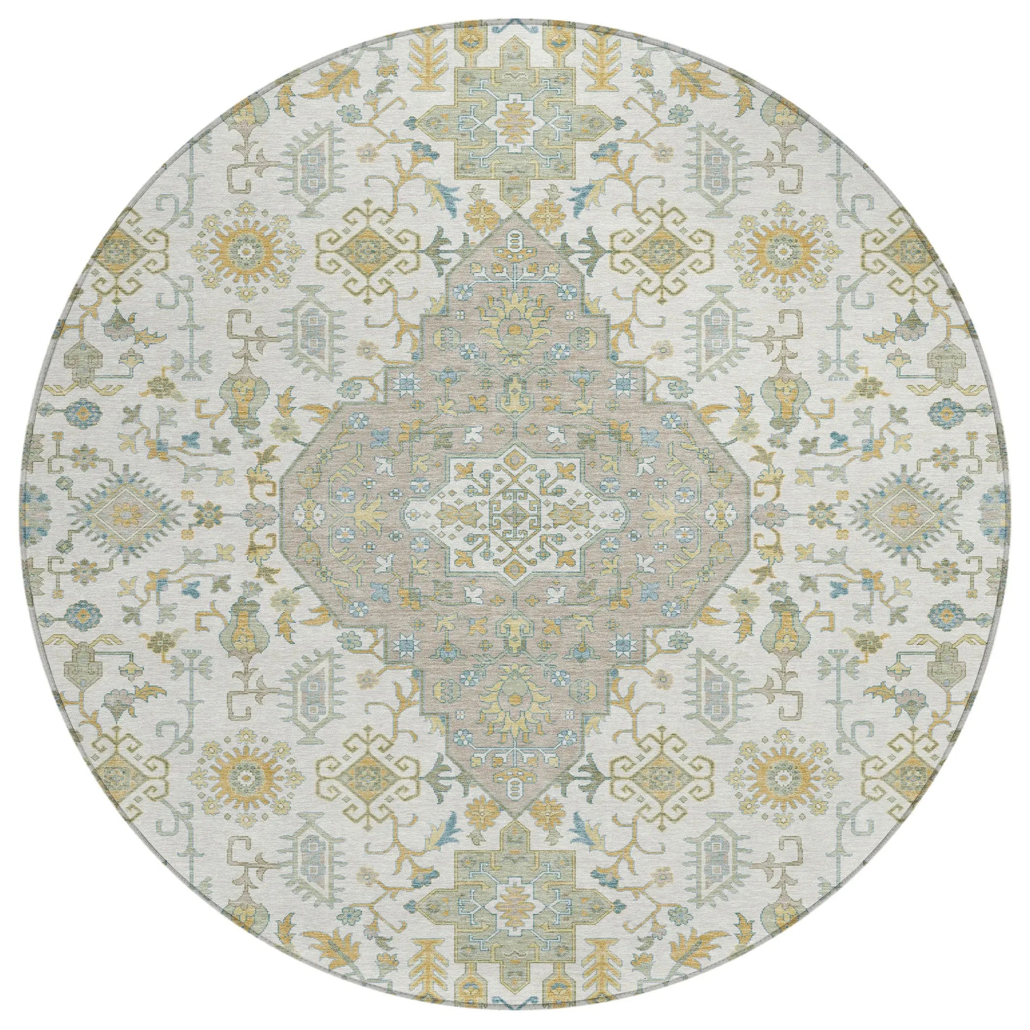 8' Ivory And Green Round Medallion Washable Indoor Outdoor Area Rug Homeroots Outdoor