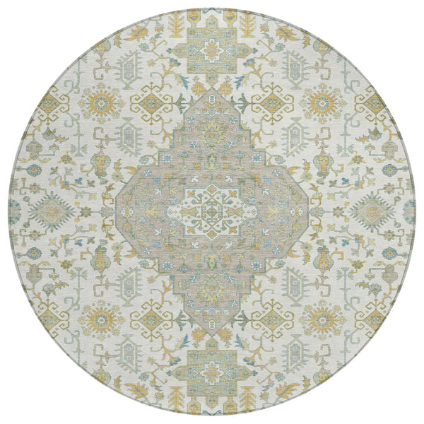 8' Ivory And Green Round Medallion Washable Indoor Outdoor Area Rug Homeroots Outdoor