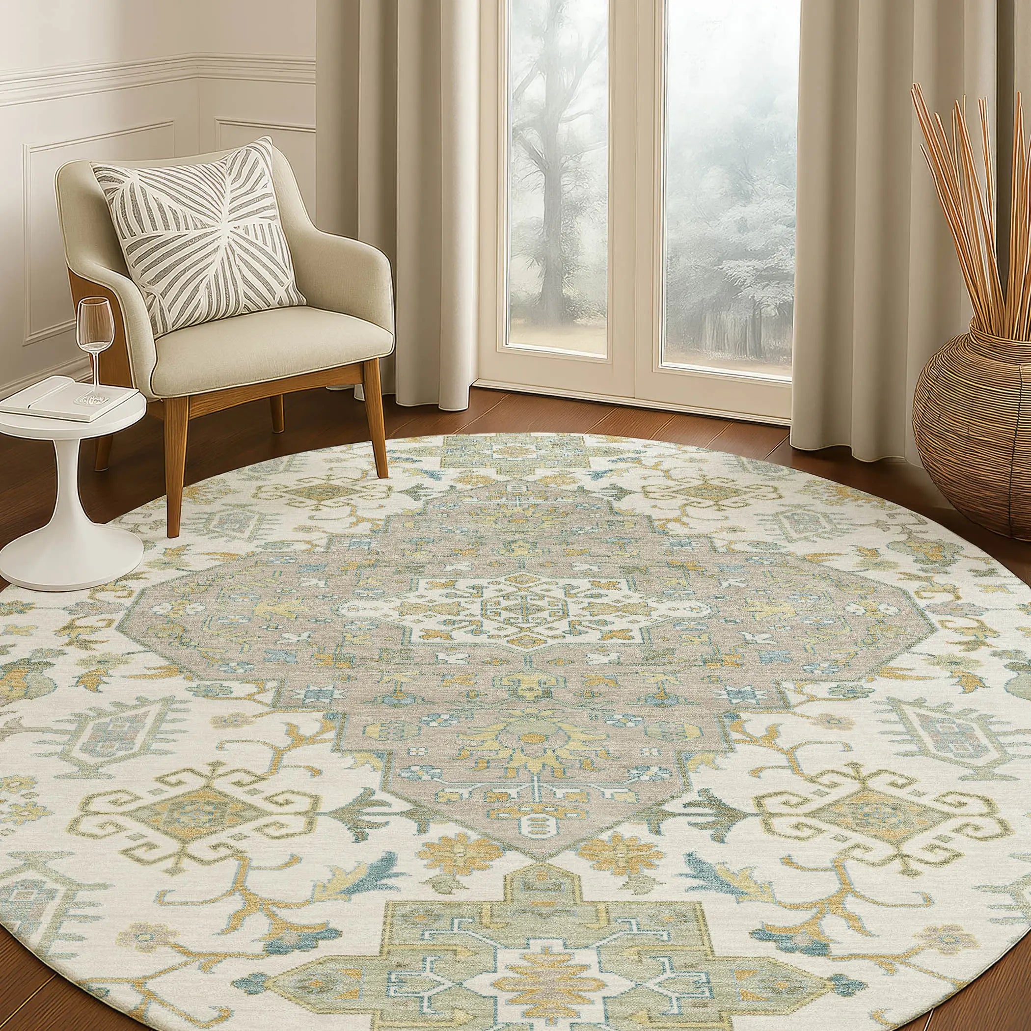 8' Ivory And Green Round Medallion Washable Indoor Outdoor Area Rug Homeroots Outdoor