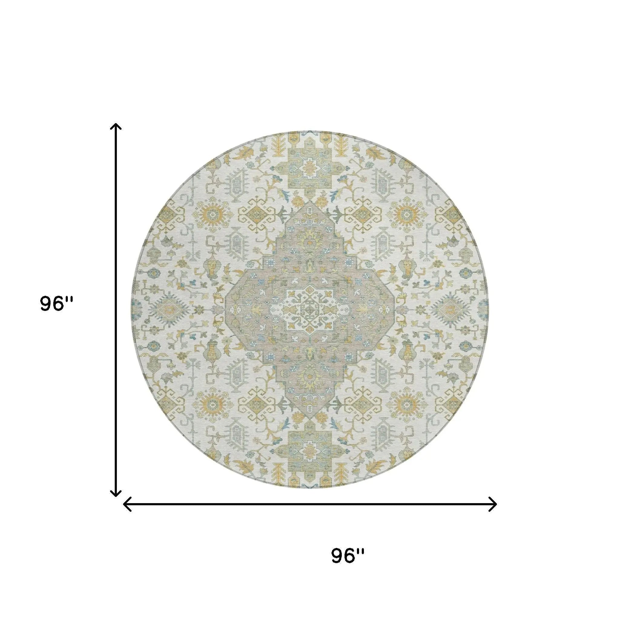 8' Ivory And Green Round Medallion Washable Indoor Outdoor Area Rug Homeroots Outdoor