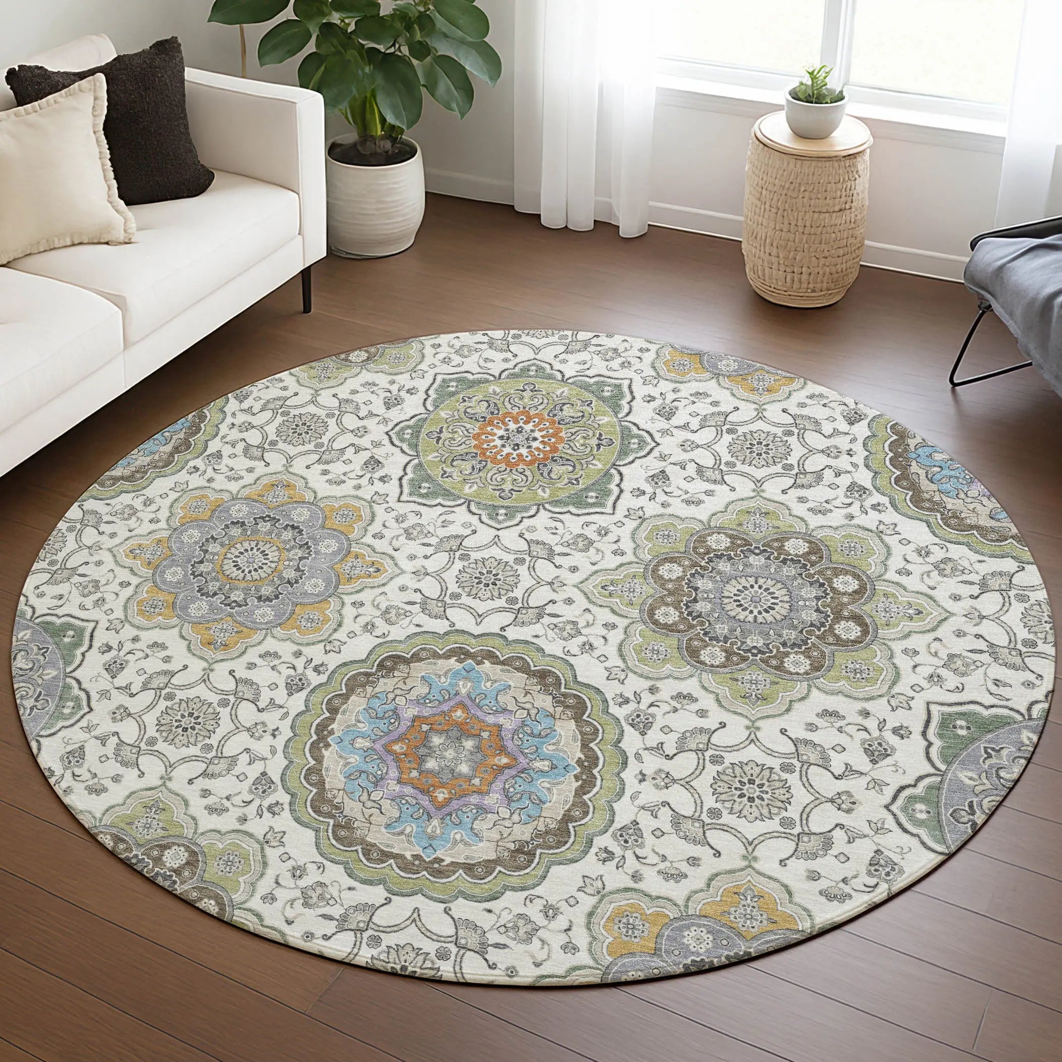 8' Ivory And Khaki Round Floral Medallion Washable Indoor Outdoor Area Rug Homeroots Outdoor
