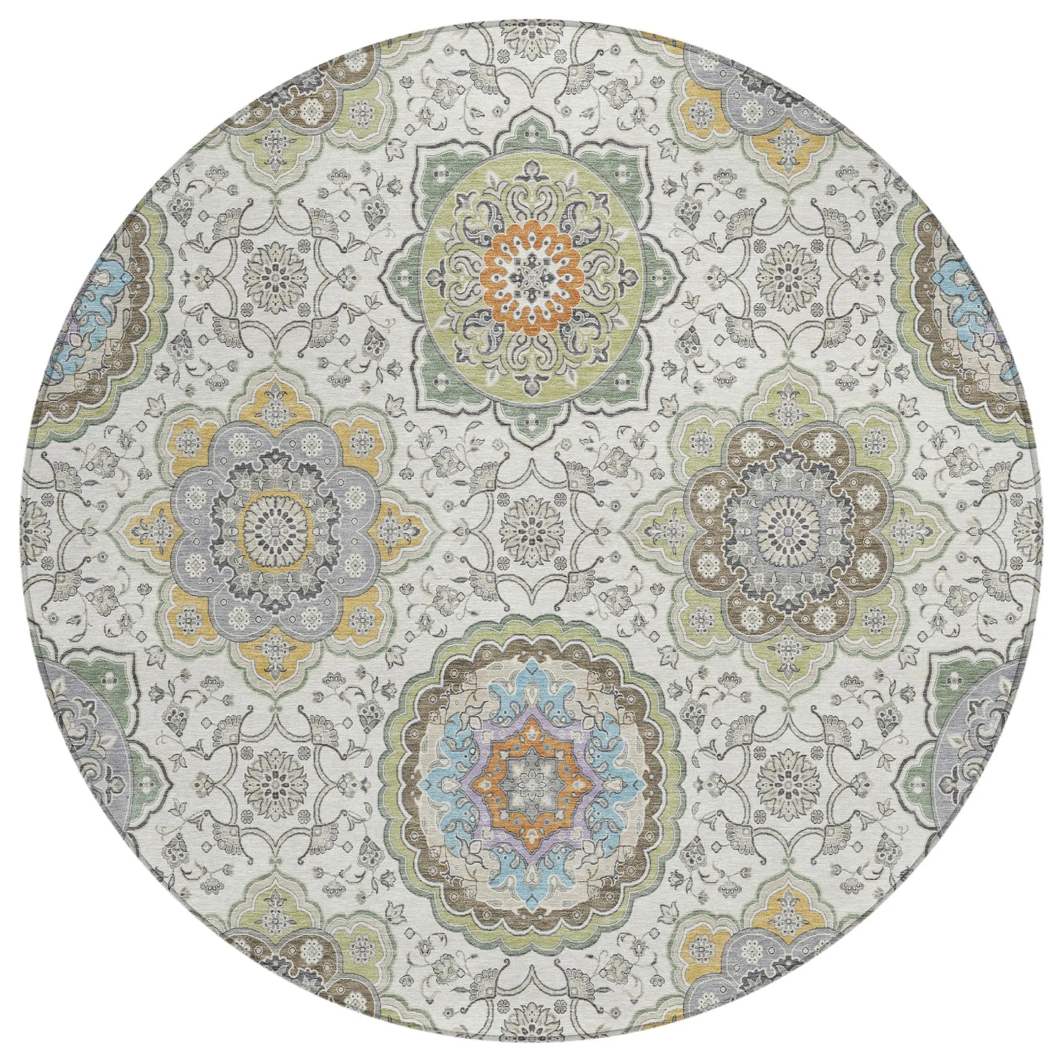 8' Ivory And Khaki Round Floral Medallion Washable Indoor Outdoor Area Rug Homeroots Outdoor