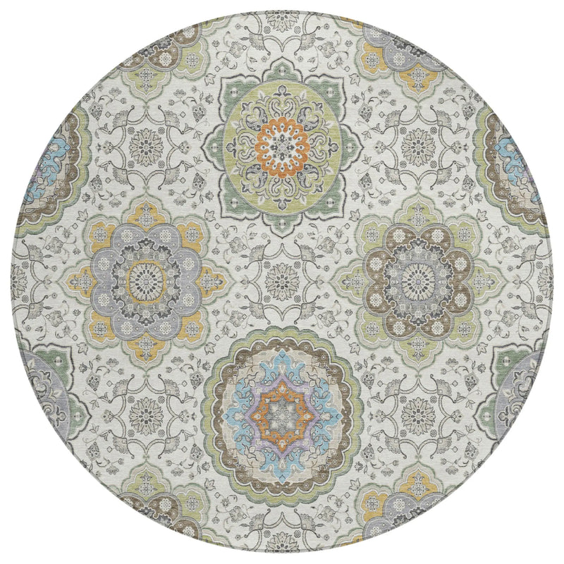 8' Ivory And Khaki Round Floral Medallion Washable Indoor Outdoor Area Rug Homeroots Outdoor