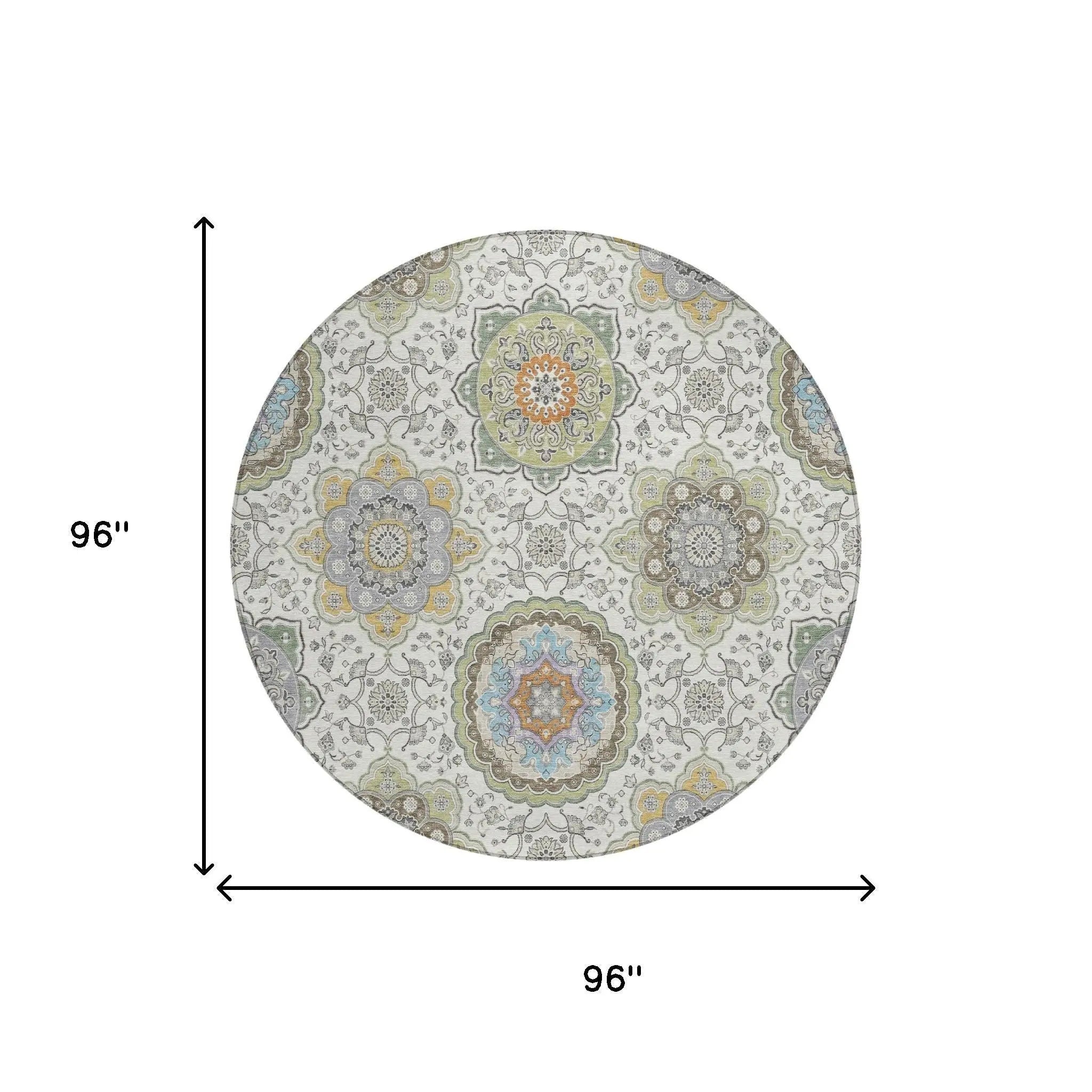 8' Ivory And Khaki Round Floral Medallion Washable Indoor Outdoor Area Rug Homeroots Outdoor