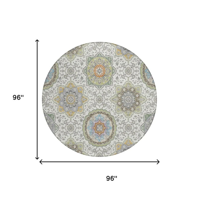 8' Ivory And Khaki Round Floral Medallion Washable Indoor Outdoor Area Rug Homeroots Outdoor