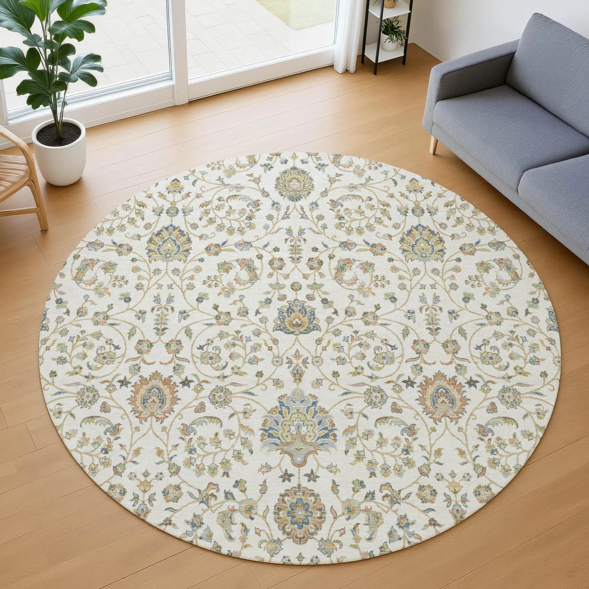 8' Ivory And Khaki Round Floral Washable Indoor Outdoor Area Rug Homeroots Outdoor