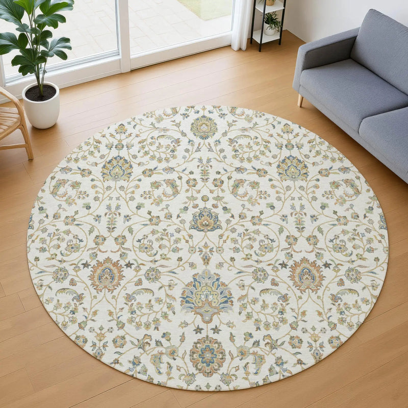 8' Ivory And Khaki Round Floral Washable Indoor Outdoor Area Rug Homeroots Outdoor