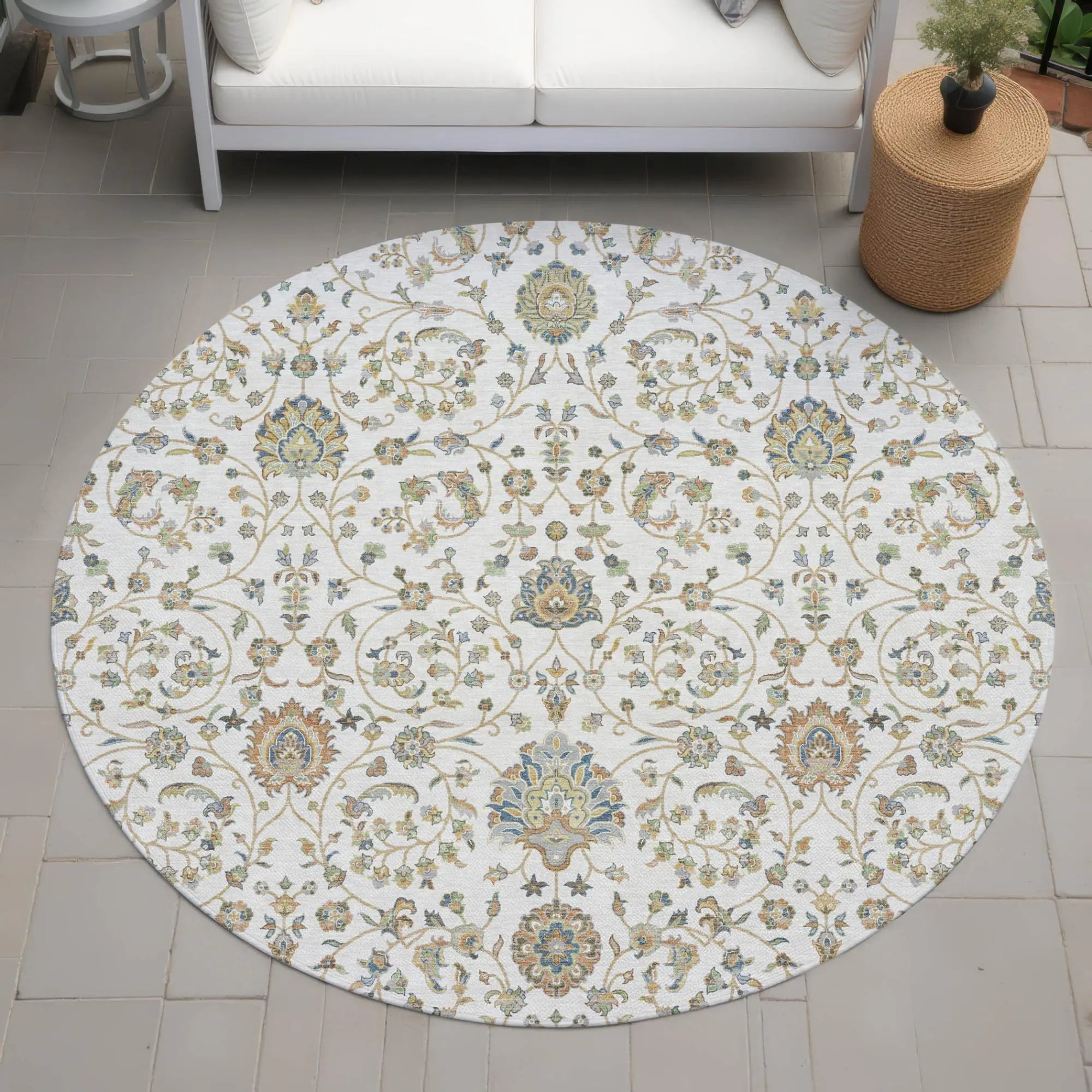 8' Ivory And Khaki Round Floral Washable Indoor Outdoor Area Rug Homeroots Outdoor