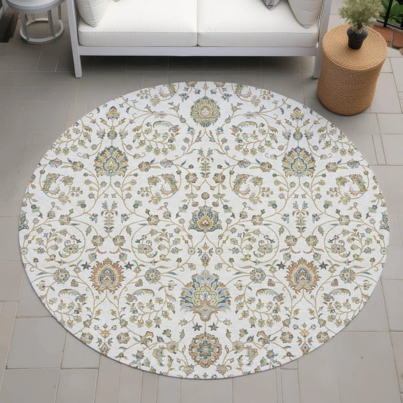 8' Ivory And Khaki Round Floral Washable Indoor Outdoor Area Rug Homeroots Outdoor