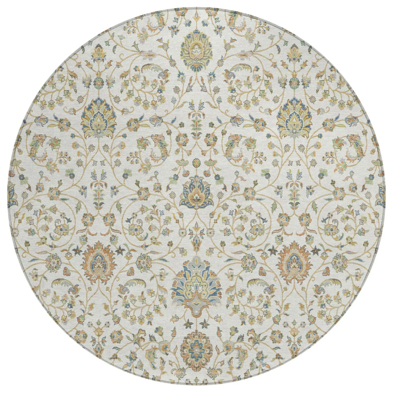 8' Ivory And Khaki Round Floral Washable Indoor Outdoor Area Rug Homeroots Outdoor