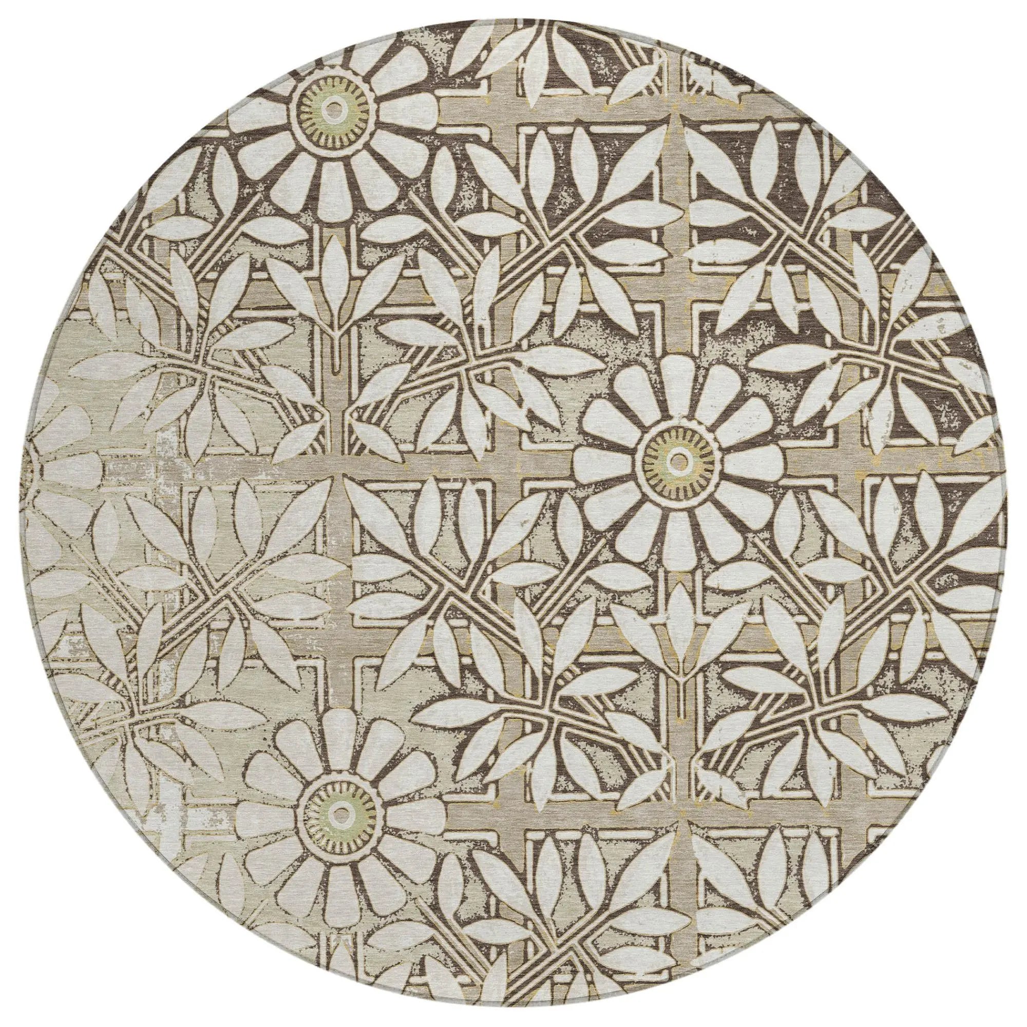 8' Ivory And Khaki Round Floral Washable Indoor Outdoor Area Rug Homeroots Outdoor