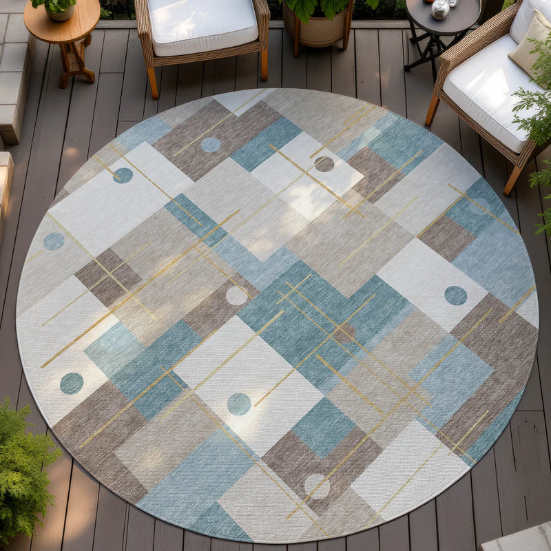 8' Ivory And Khaki Round Geometric Washable Indoor Outdoor Area Rug Homeroots Outdoor