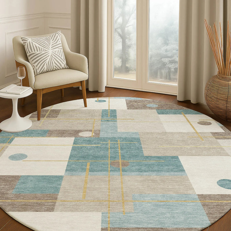 8' Ivory And Khaki Round Geometric Washable Indoor Outdoor Area Rug Homeroots Outdoor