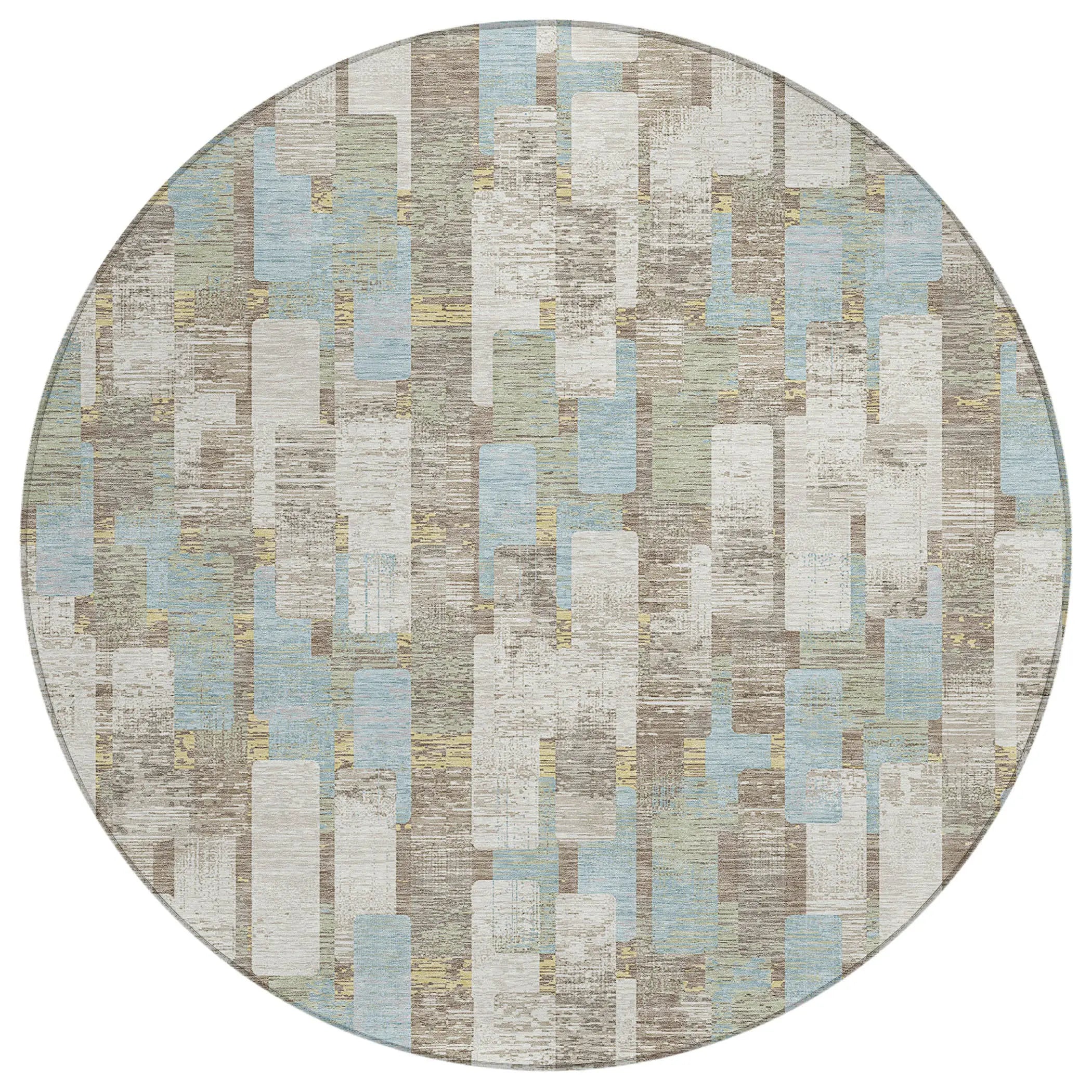 8' Ivory And Khaki Round Geometric Washable Indoor Outdoor Area Rug Homeroots Outdoor