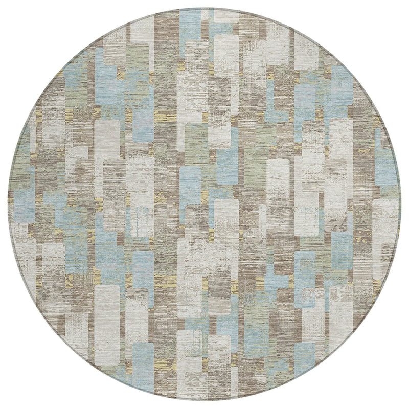 8' Ivory And Khaki Round Geometric Washable Indoor Outdoor Area Rug Homeroots Outdoor