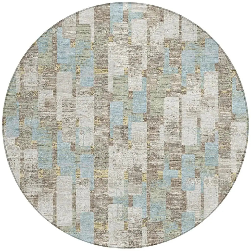 8' Ivory And Khaki Round Geometric Washable Indoor Outdoor Area Rug Homeroots Outdoor
