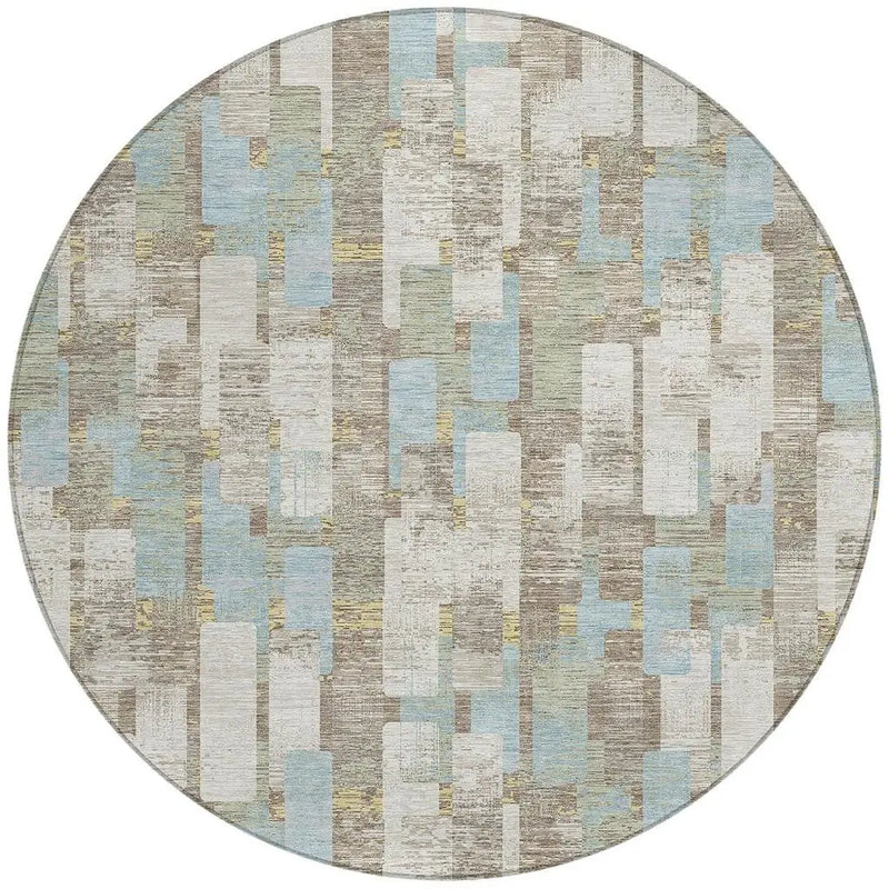 8' Ivory And Khaki Round Geometric Washable Indoor Outdoor Area Rug Homeroots Outdoor