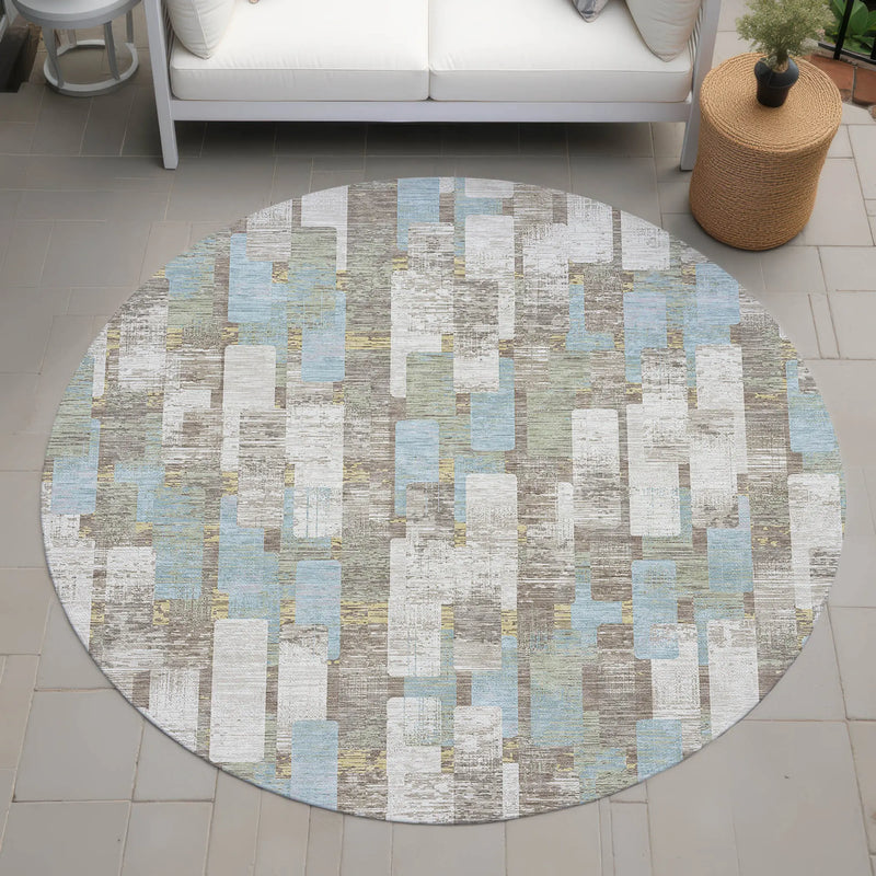 8' Ivory And Khaki Round Geometric Washable Indoor Outdoor Area Rug Homeroots Outdoor