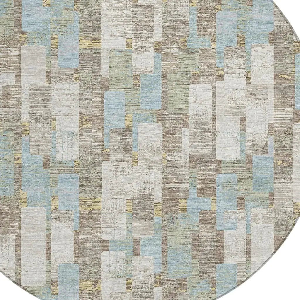 8' Ivory And Khaki Round Geometric Washable Indoor Outdoor Area Rug Homeroots Outdoor