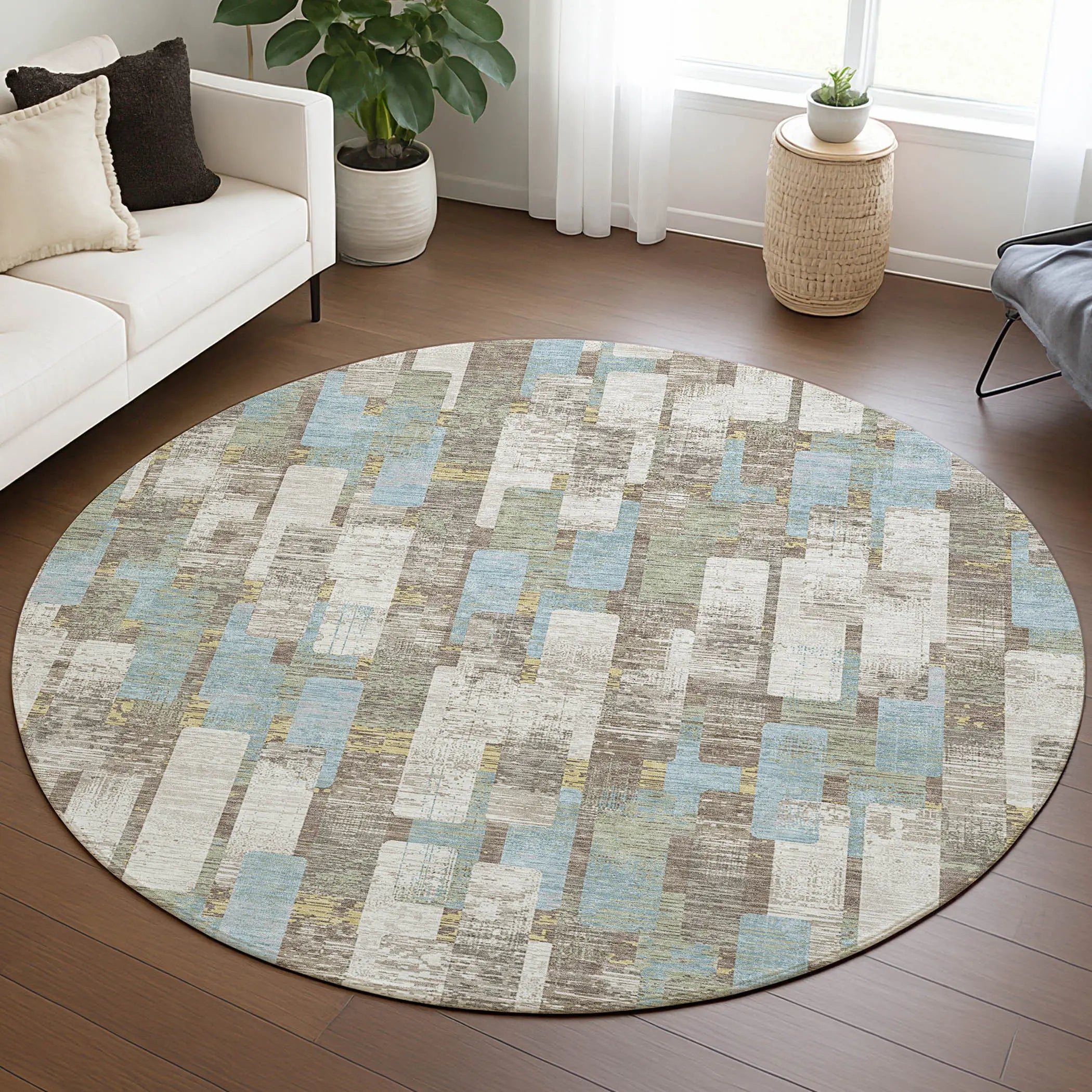 8' Ivory And Khaki Round Geometric Washable Indoor Outdoor Area Rug Homeroots Outdoor