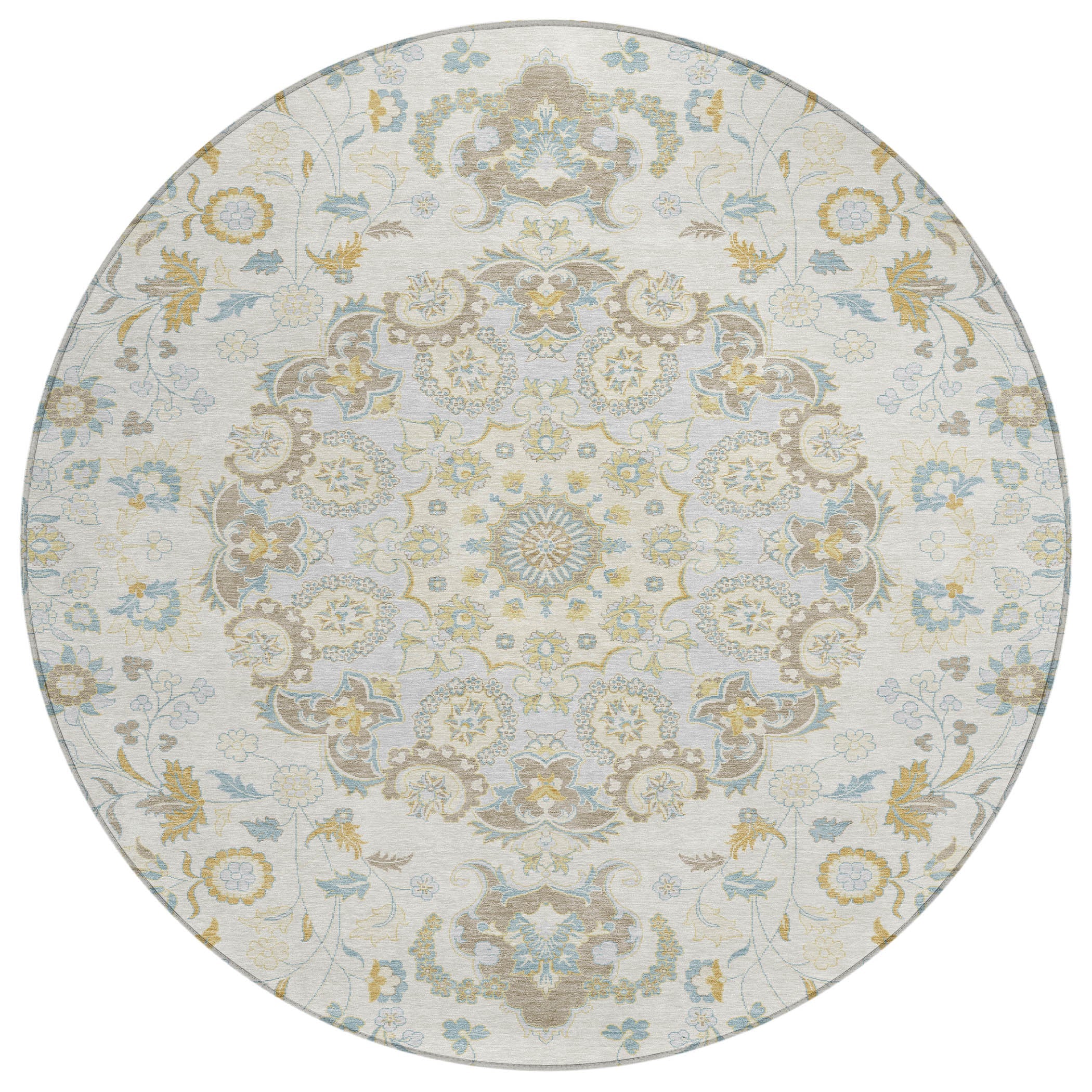 8' Ivory And Linen Round Damask Washable Indoor Outdoor Area Rug Homeroots Outdoor
