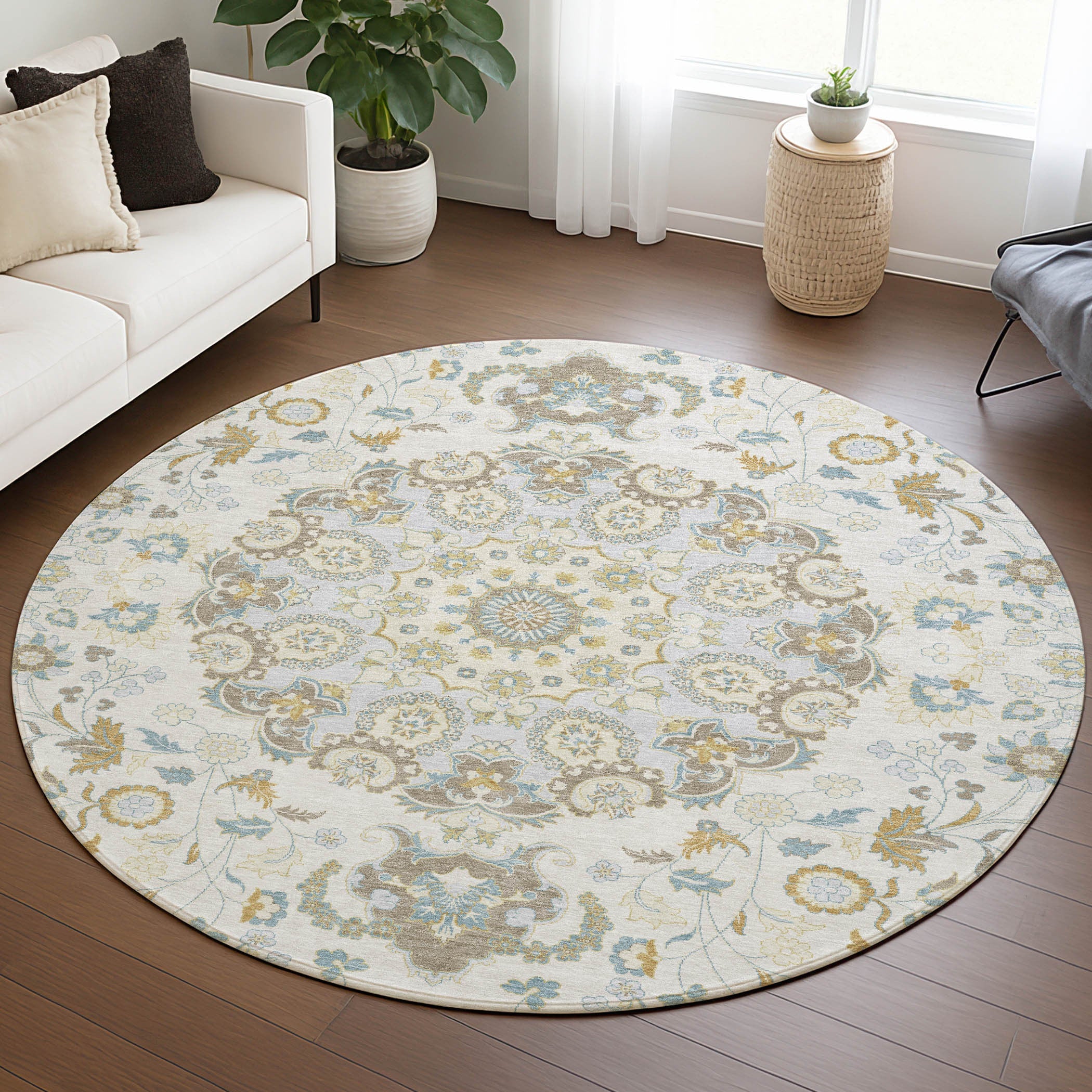 8' Ivory And Linen Round Damask Washable Indoor Outdoor Area Rug Homeroots Outdoor