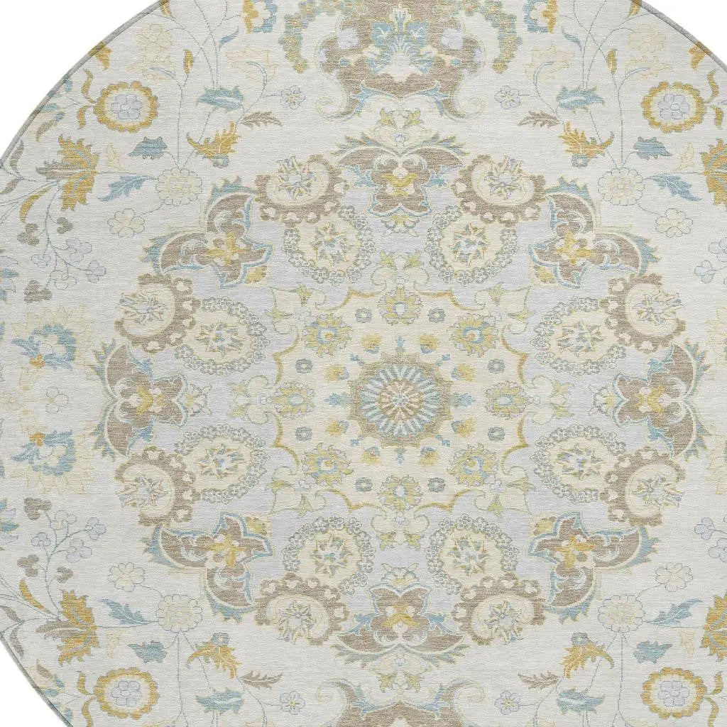 8' Ivory And Linen Round Damask Washable Indoor Outdoor Area Rug Homeroots Outdoor
