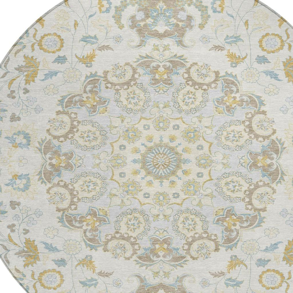 8' Ivory And Linen Round Damask Washable Indoor Outdoor Area Rug Homeroots Outdoor