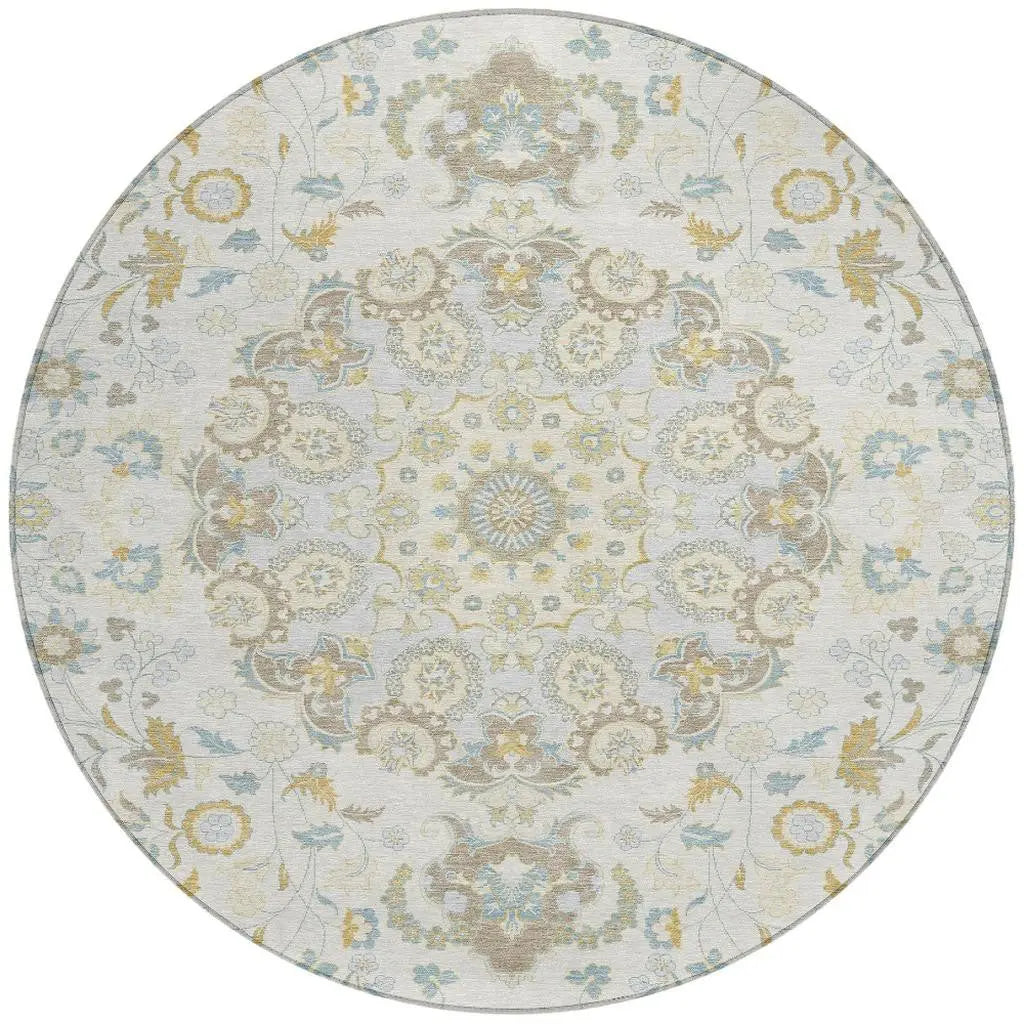 8' Ivory And Linen Round Damask Washable Indoor Outdoor Area Rug Homeroots Outdoor