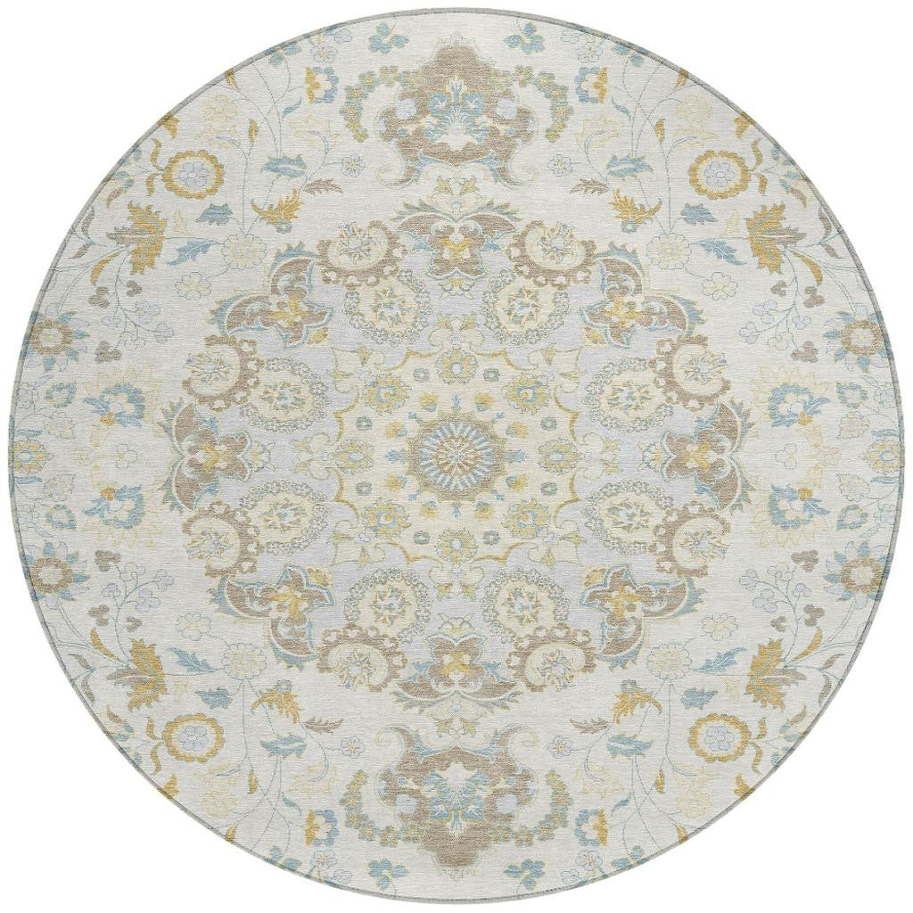 8' Ivory And Linen Round Damask Washable Indoor Outdoor Area Rug Homeroots Outdoor
