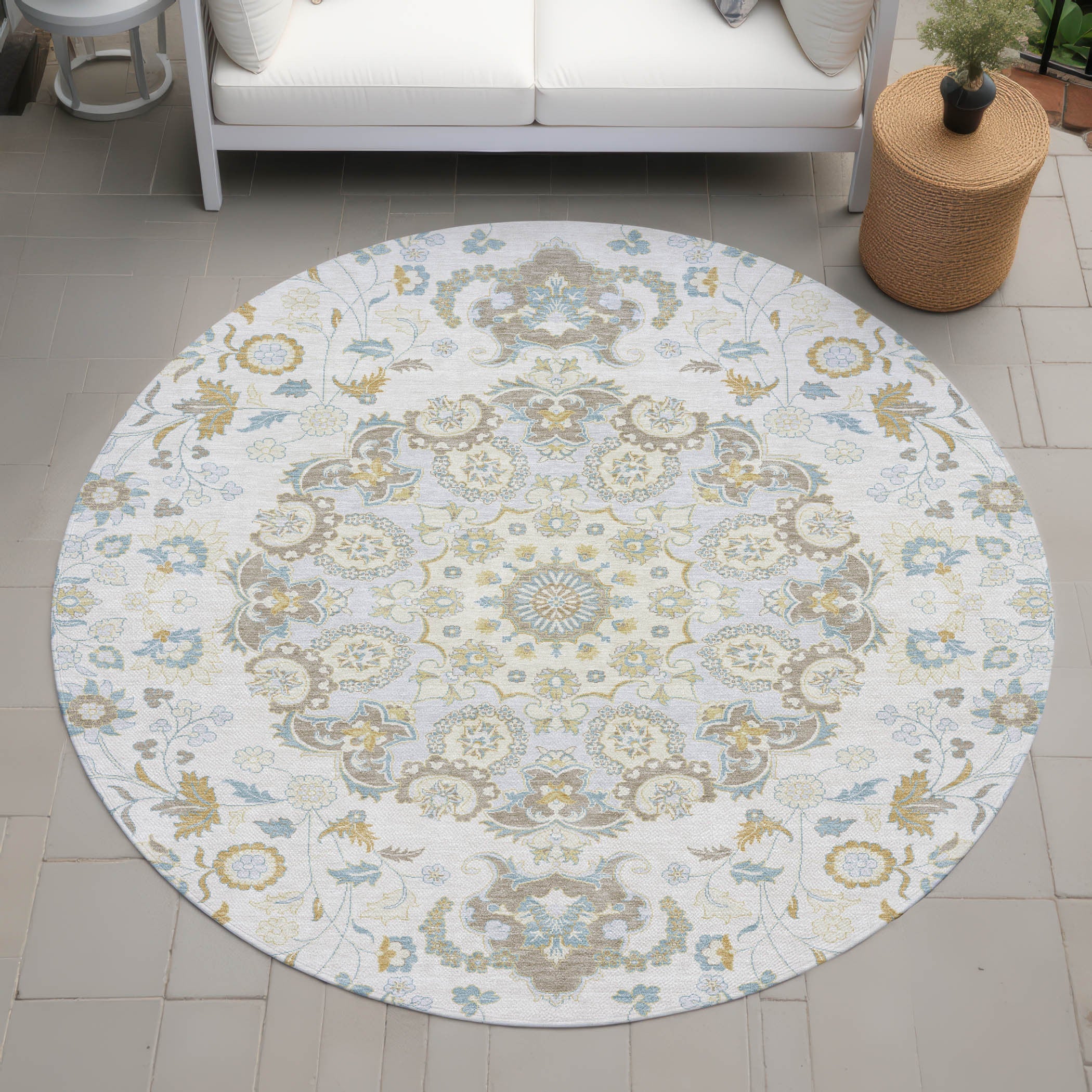 8' Ivory And Linen Round Damask Washable Indoor Outdoor Area Rug Homeroots Outdoor