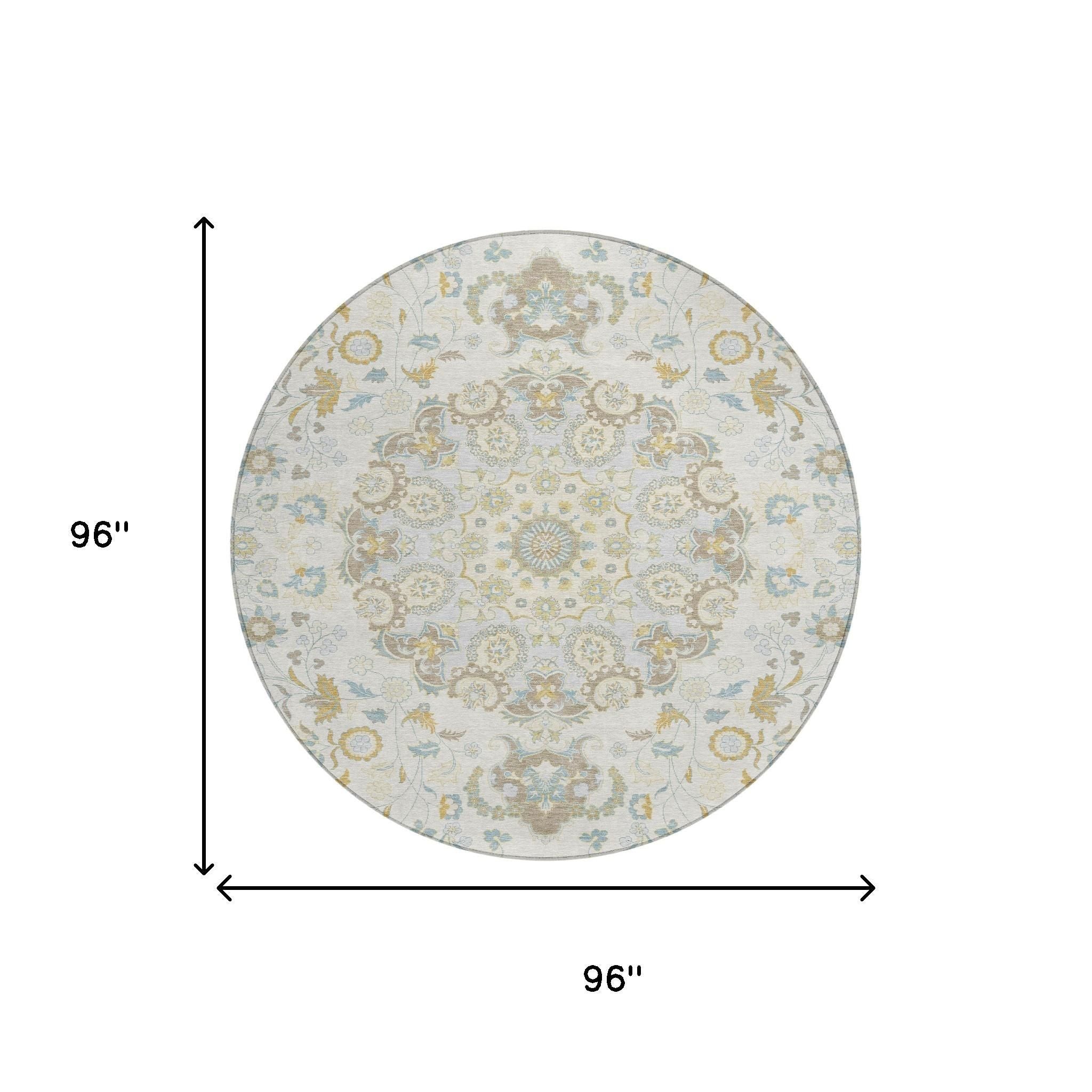 8' Ivory And Linen Round Damask Washable Indoor Outdoor Area Rug Homeroots Outdoor