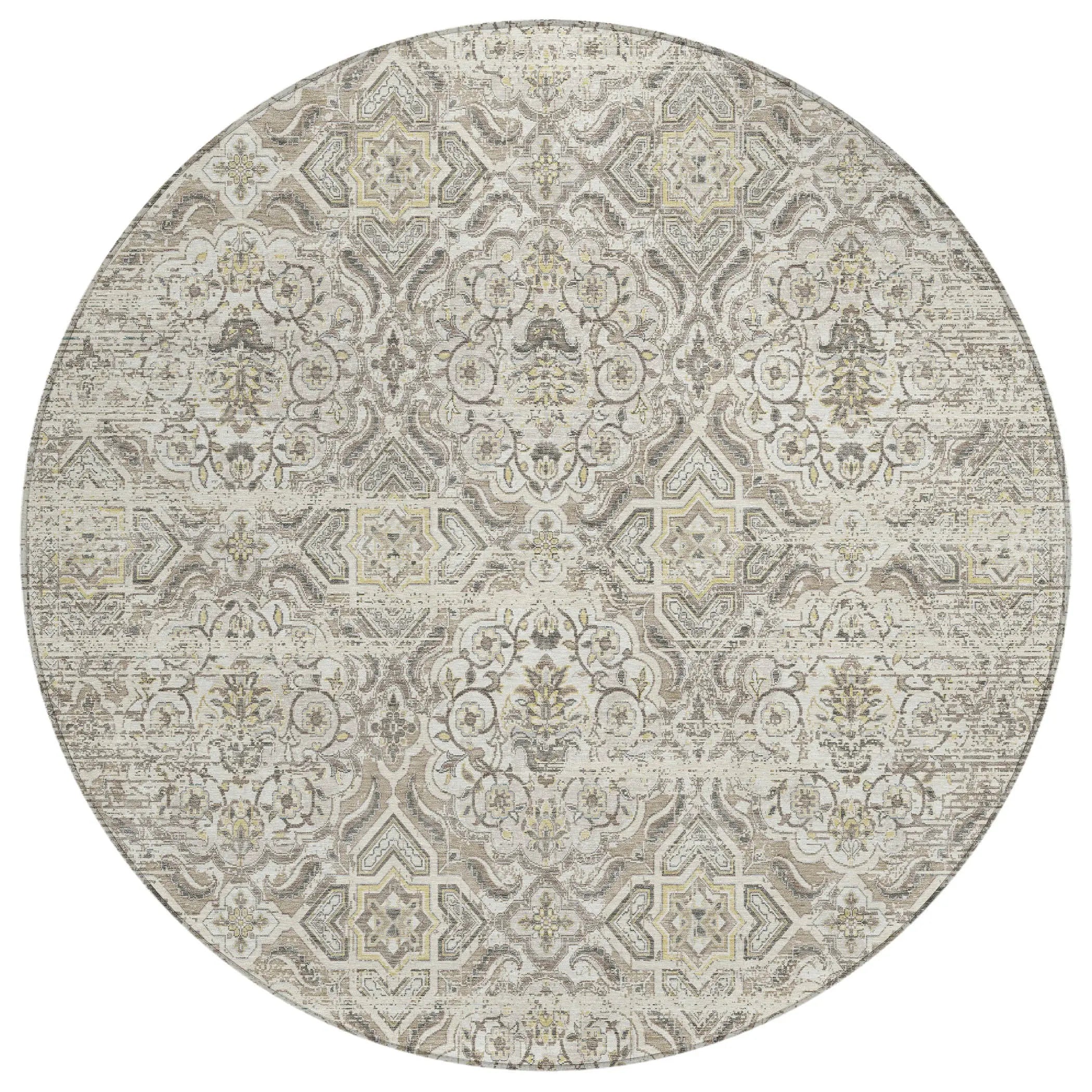 8' Ivory And Linen Round Floral Washable Indoor Outdoor Area Rug Homeroots Outdoor