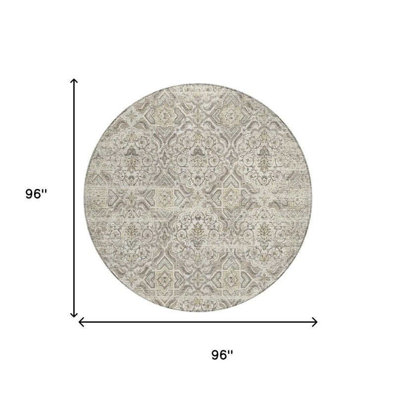 8' Ivory And Linen Round Floral Washable Indoor Outdoor Area Rug Homeroots Outdoor