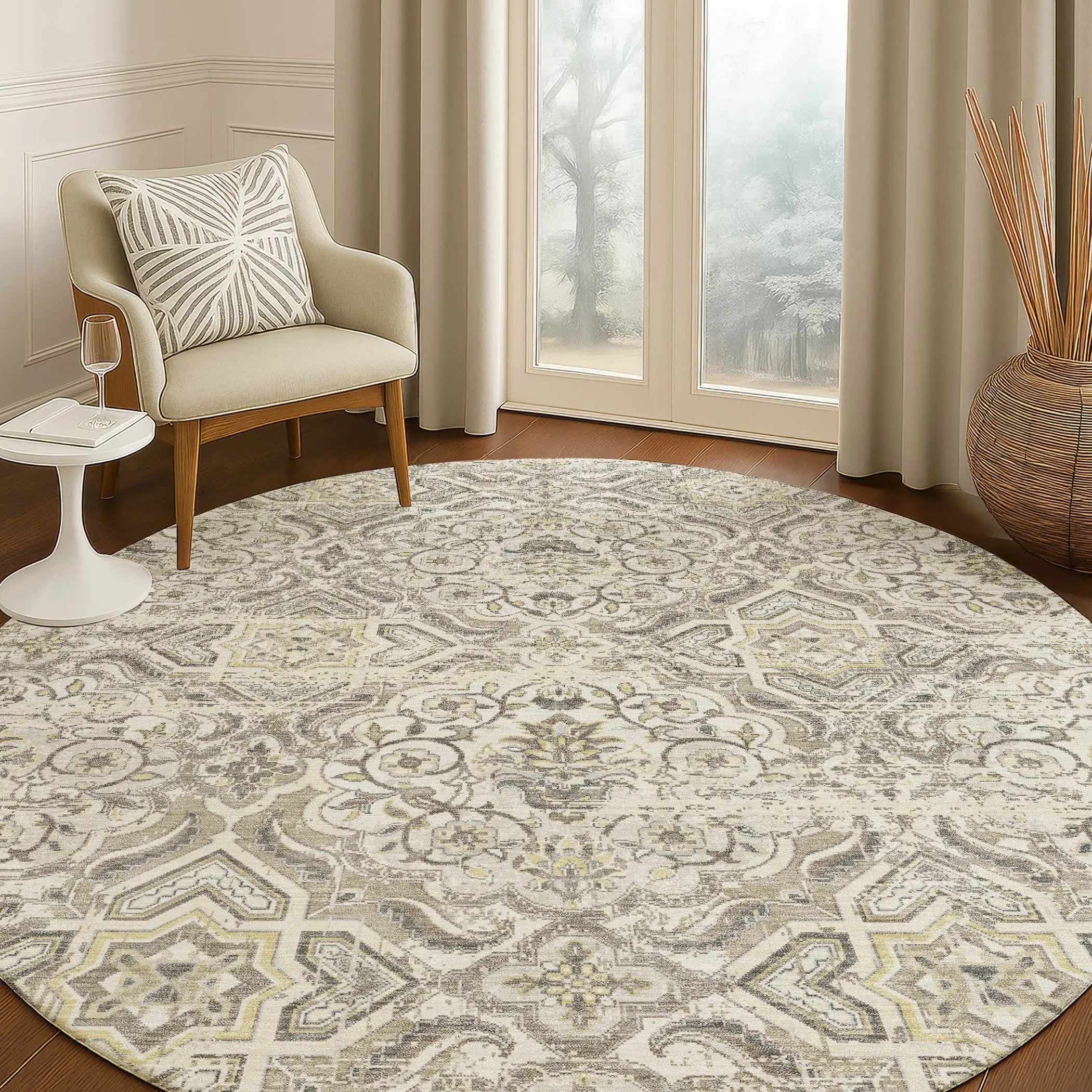 8' Ivory And Linen Round Floral Washable Indoor Outdoor Area Rug Homeroots Outdoor