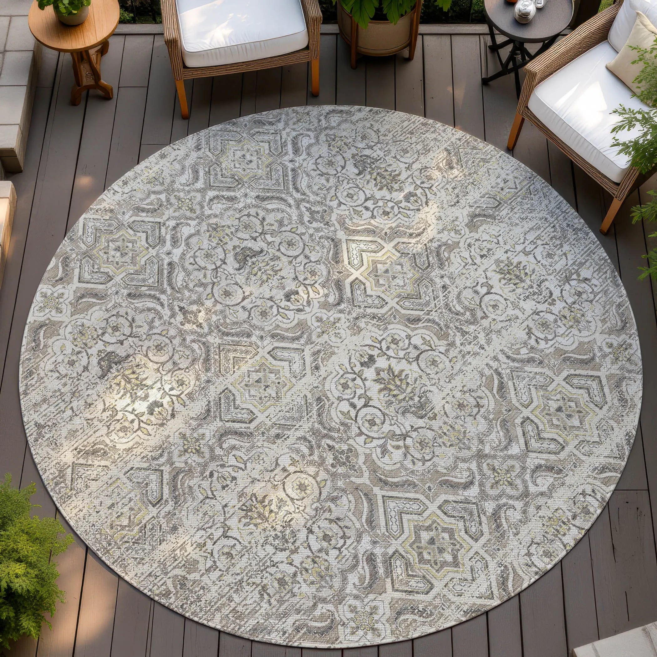 8' Ivory And Linen Round Floral Washable Indoor Outdoor Area Rug Homeroots Outdoor