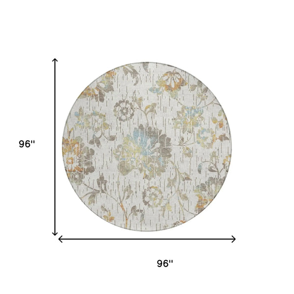 8' Ivory And Linen Round Floral Washable Indoor Outdoor Area Rug Homeroots Outdoor