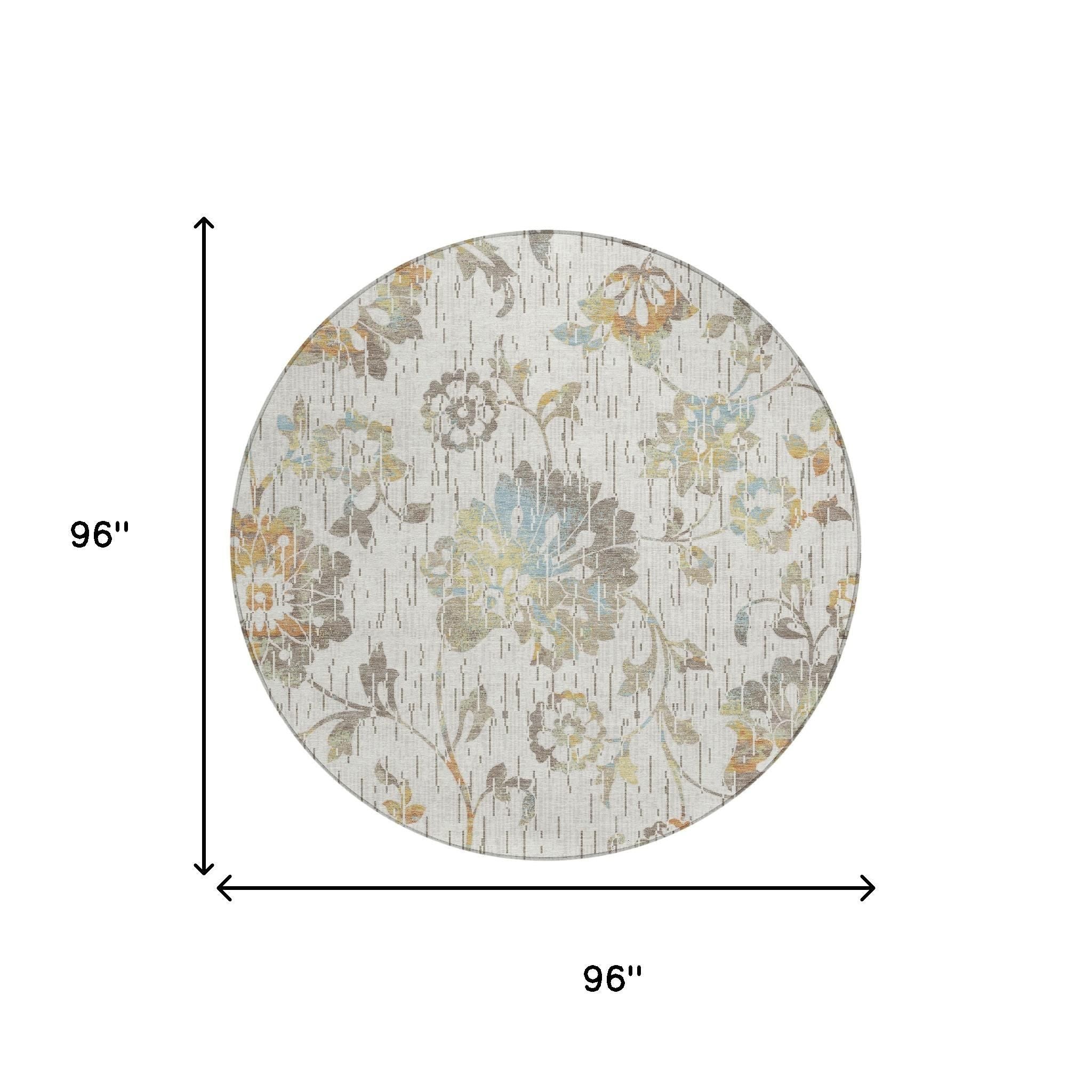 8' Ivory And Linen Round Floral Washable Indoor Outdoor Area Rug Homeroots Outdoor