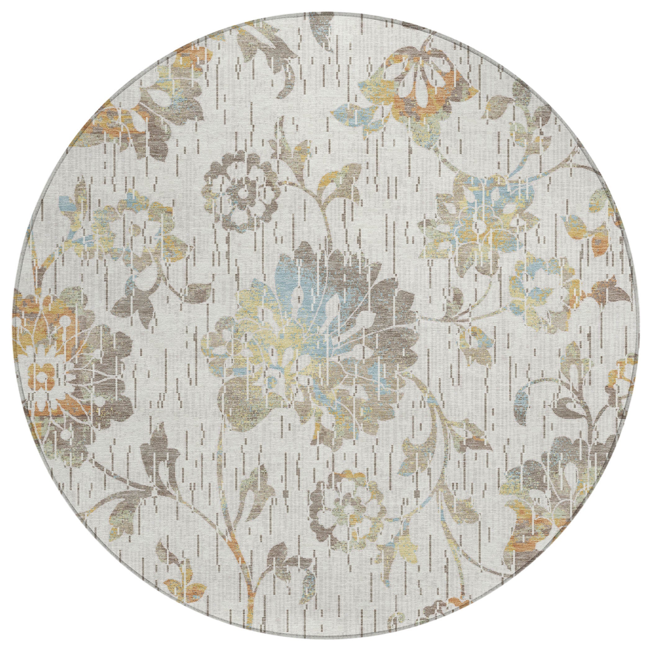 8' Ivory And Linen Round Floral Washable Indoor Outdoor Area Rug Homeroots Outdoor