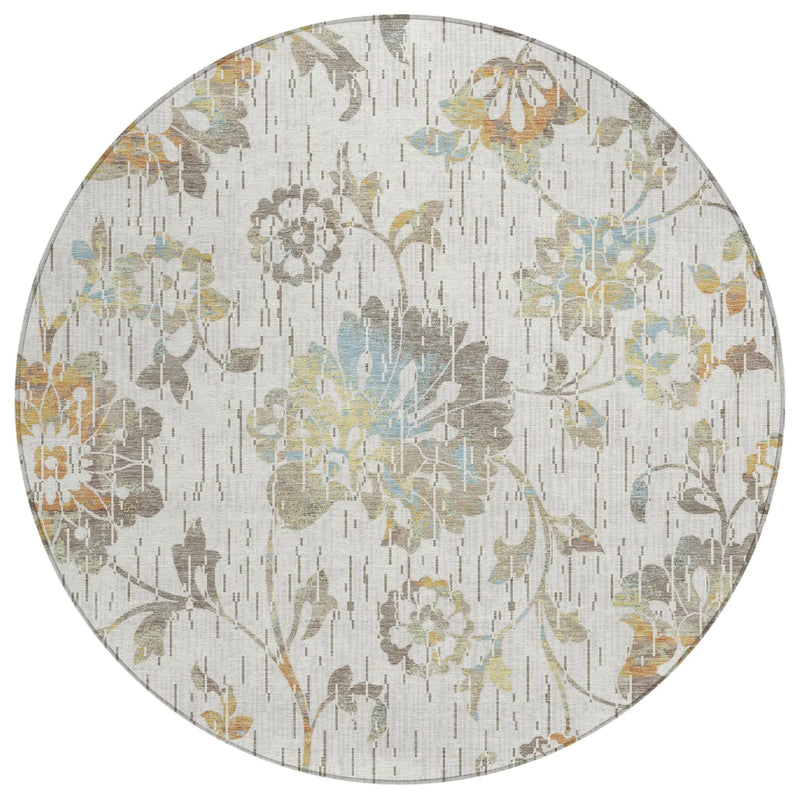 8' Ivory And Linen Round Floral Washable Indoor Outdoor Area Rug Homeroots Outdoor